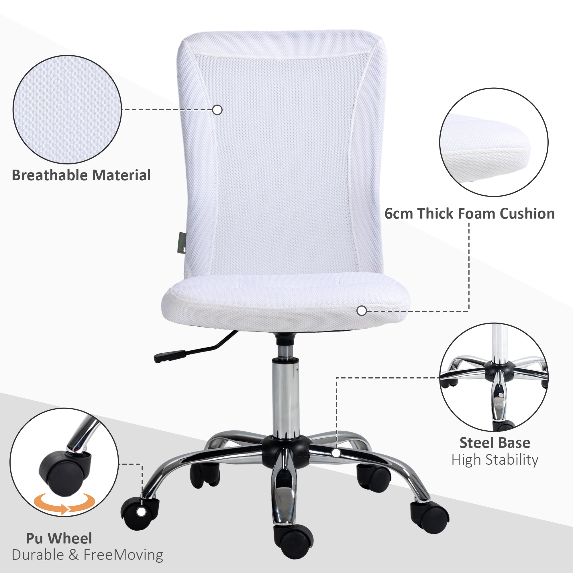 Vinsetto Office Chair, Armless Desk Chair, Adjustable Computer Swivel Chair with Rolling Wheels and Mesh Back for Home Work Study, White