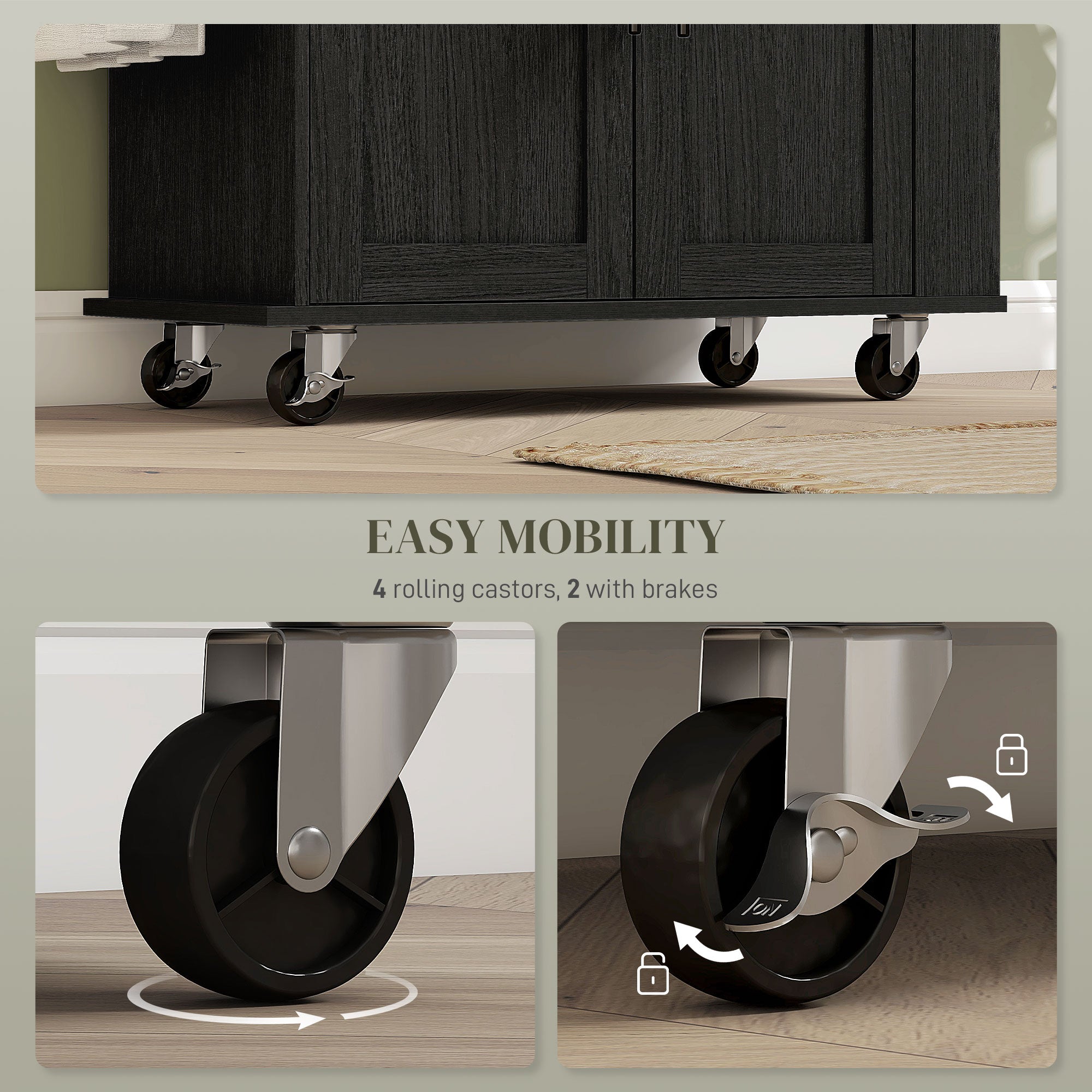 HOMCOM Kitchen Island on Wheels with Power Outlet, Rolling Kitchen Cart with Storage Drawer, Portable Microwave Stand with Cabinet, Towel Rack and Spice Rack (Black)