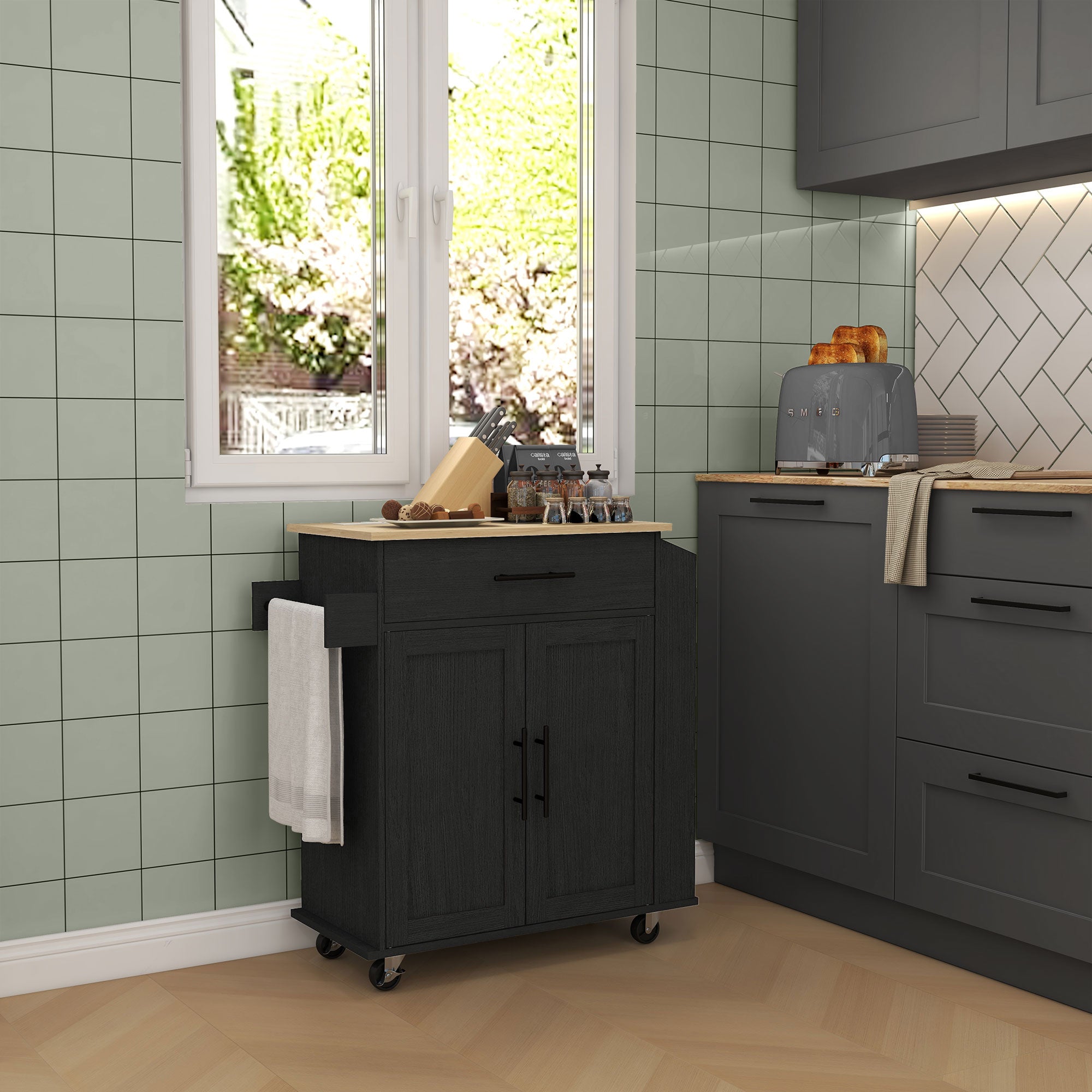 HOMCOM Kitchen Island on Wheels with Power Outlet, Rolling Kitchen Cart with Storage Drawer, Portable Microwave Stand with Cabinet, Towel Rack and Spice Rack (Black)