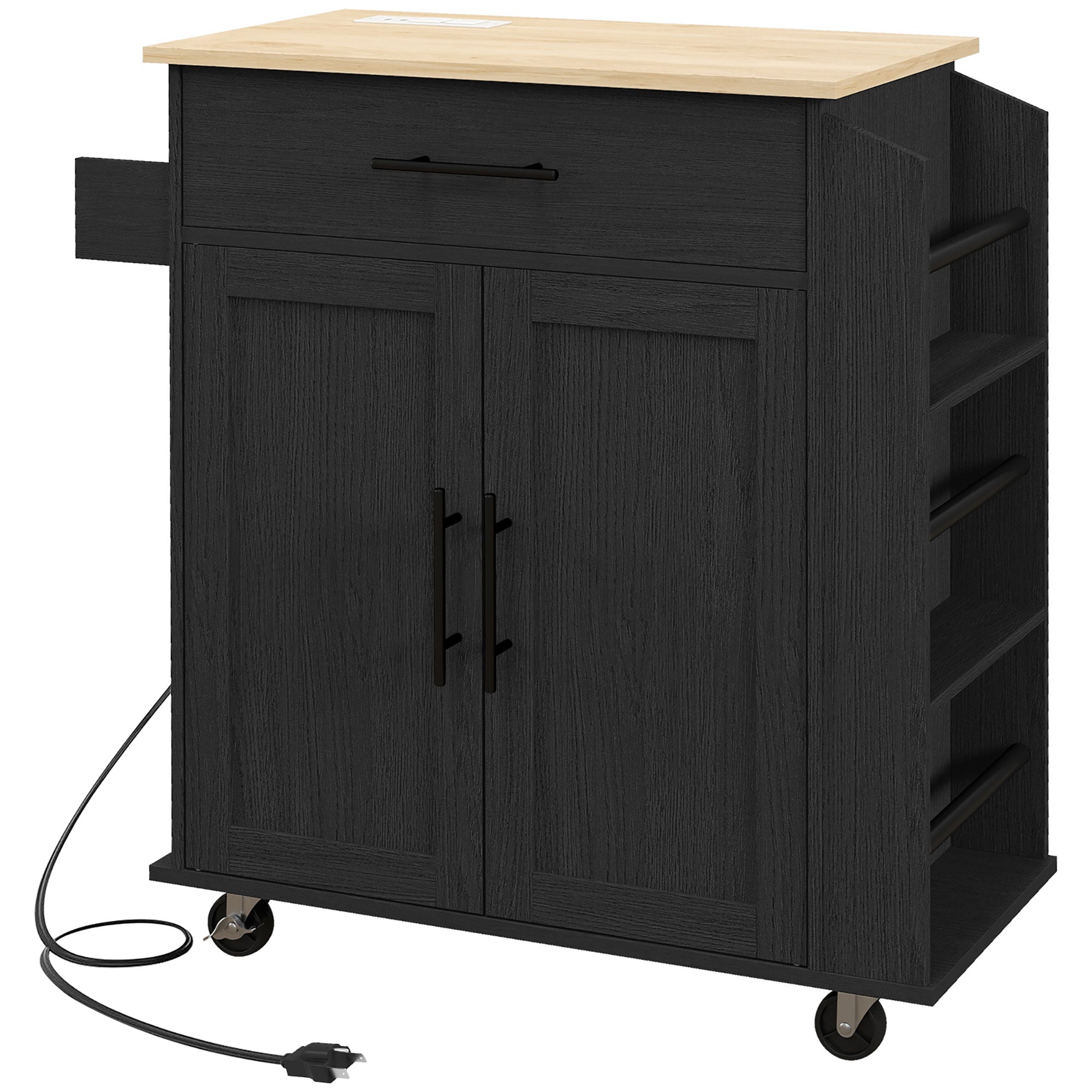 Rolling Island with Wheels for Kitchen, Kitchen Island on Rollers with Power Outlets, Drawer, and Doors, Black - HOMCOM