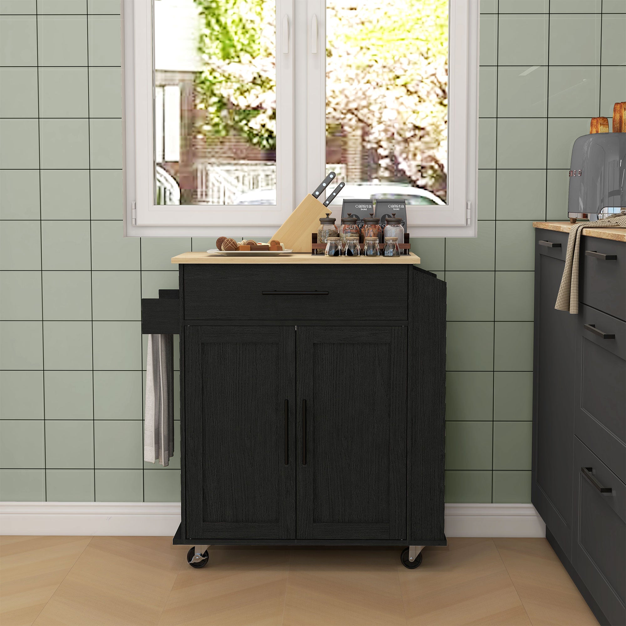 HOMCOM Kitchen Island on Wheels with Power Outlet, Rolling Kitchen Cart with Storage Drawer, Portable Microwave Stand with Cabinet, Towel Rack and Spice Rack (Black)