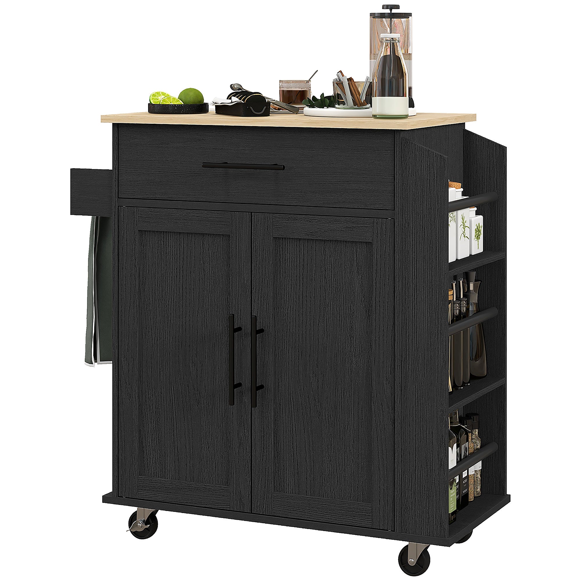 Rolling Island with Wheels for Kitchen, Kitchen Island on Rollers with Power Outlets, Drawer, and Doors, Black - HOMCOM