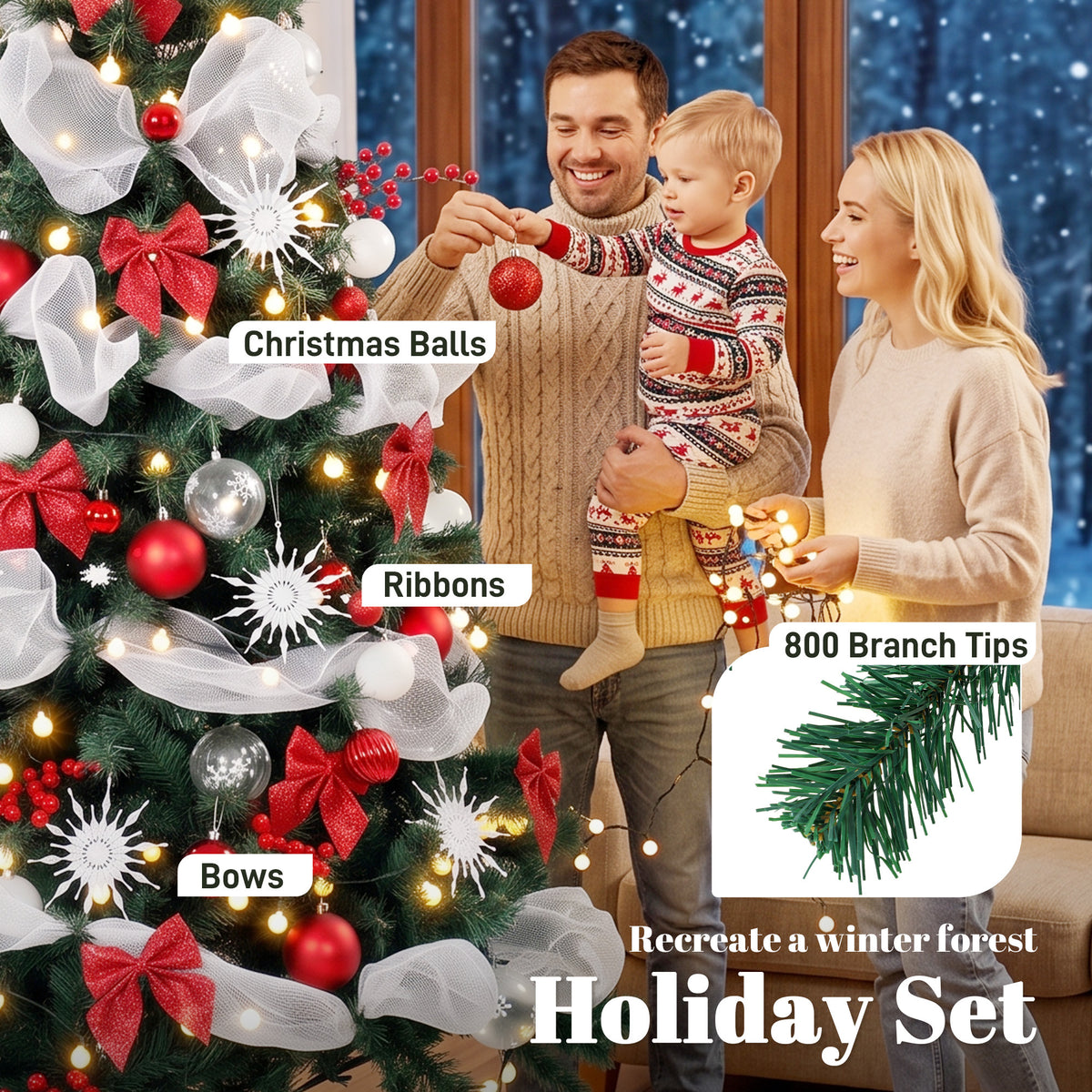 6ft Prelit Christmas Tree Spruce, Remote, Hinged, Artificial Xmas Tree with 8 Modes, 800 Tips, 200 LEDs, Balls, Ribbons, Bows, Foldable Metal Base, Green and Red