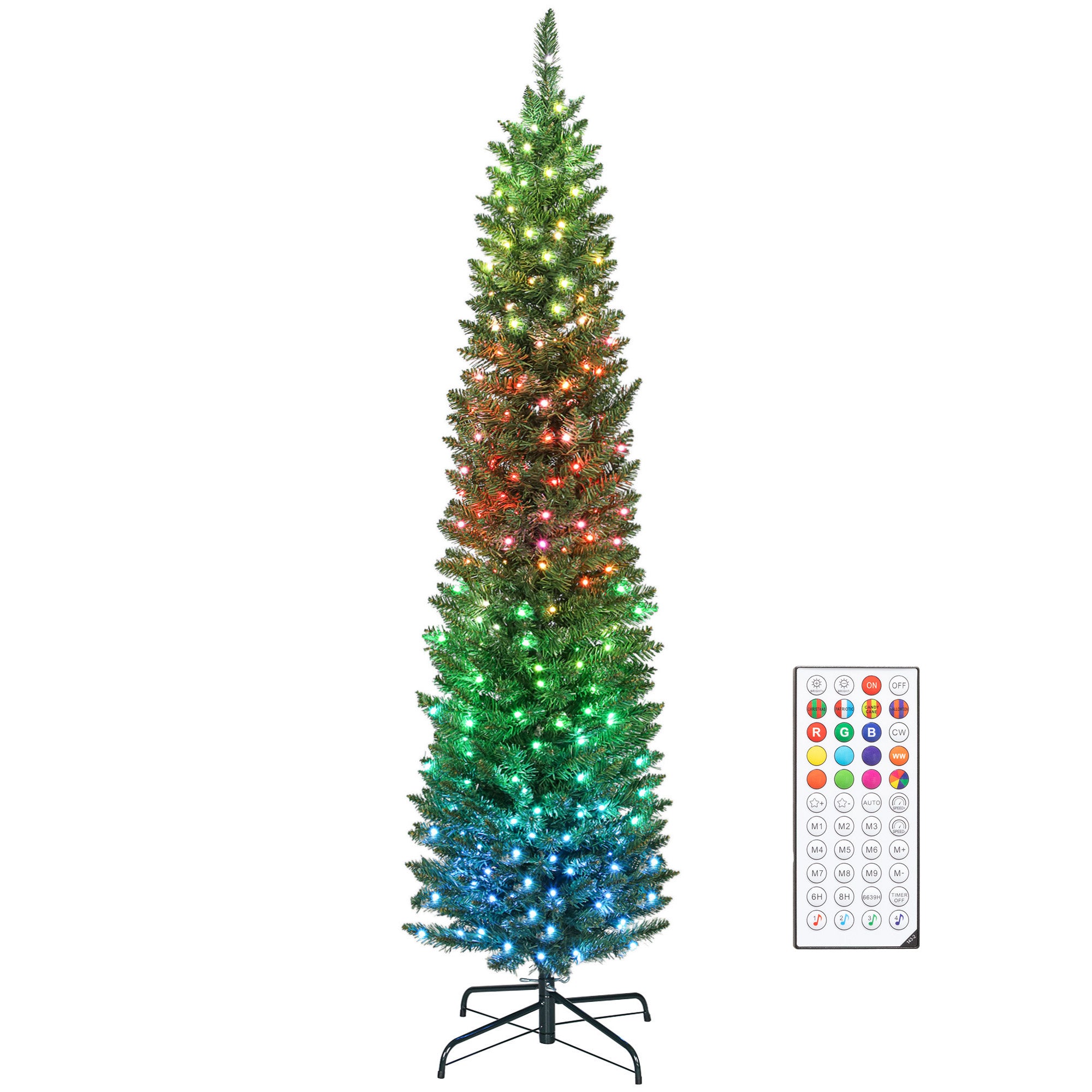 6ft Prelit Christmas Tree with Colourful DIY Synchronized LED Lights, Hinged Pencil Xmas Tree with Remote, 12 Modes, Daily Timer, Adjustable Brightness and Speed, Green