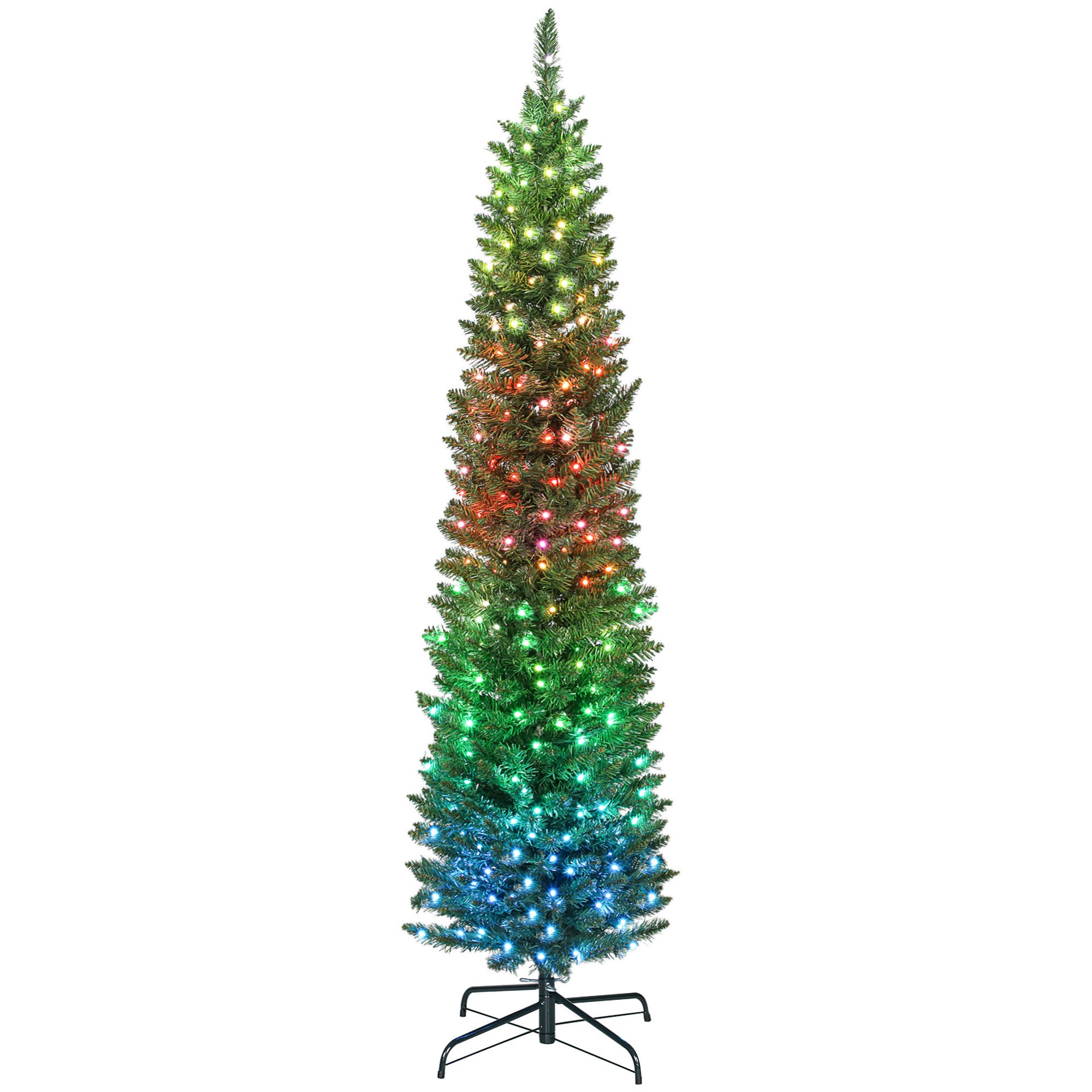 6ft Prelit Christmas Tree with Colourful DIY Synchronized LED Lights, Hinged Pencil Xmas Tree with Remote, 12 Modes, Daily Timer, Adjustable Brightness and Speed, Green