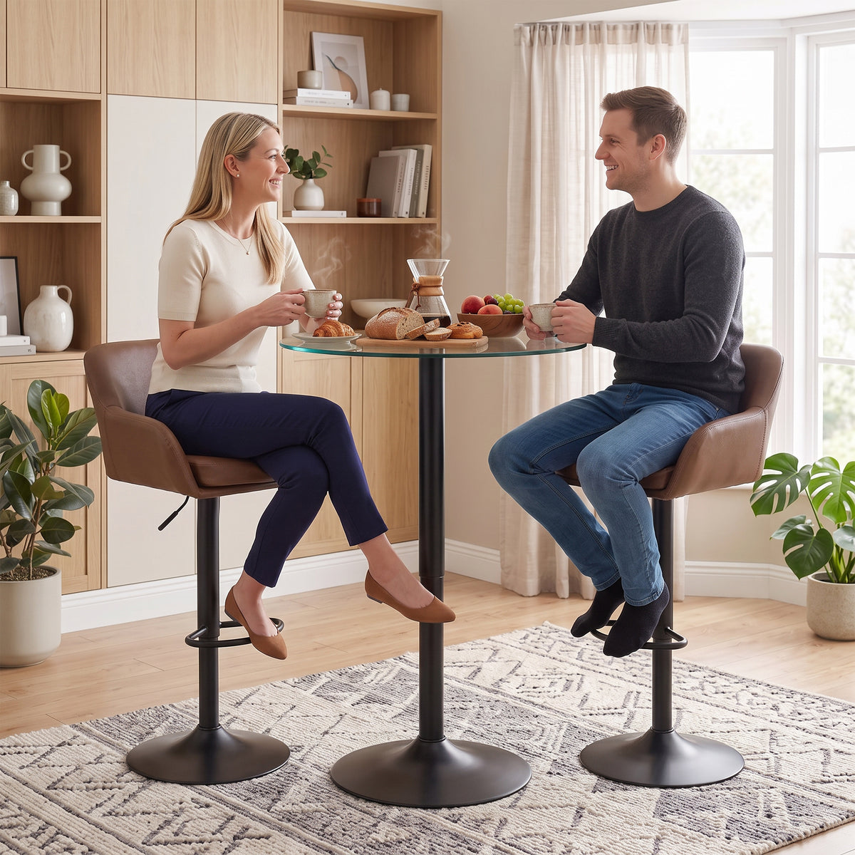 Adjustable Bar Stools Set of 2, Modern Swivel Counter Height Barstools with Back, Footrest, PU Leather Upholstered Bar Chairs for Kitchen Island Counter Dining Room, Brown