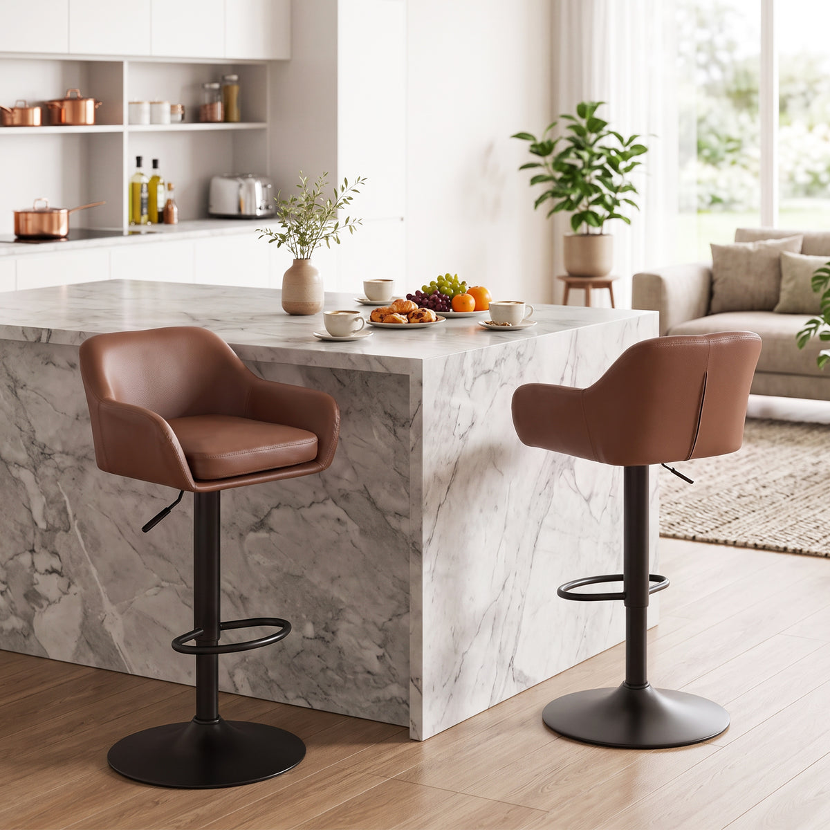 Adjustable Bar Stools Set of 2, Modern Swivel Counter Height Barstools with Back, Footrest, PU Leather Upholstered Bar Chairs for Kitchen Island Counter Dining Room, Brown