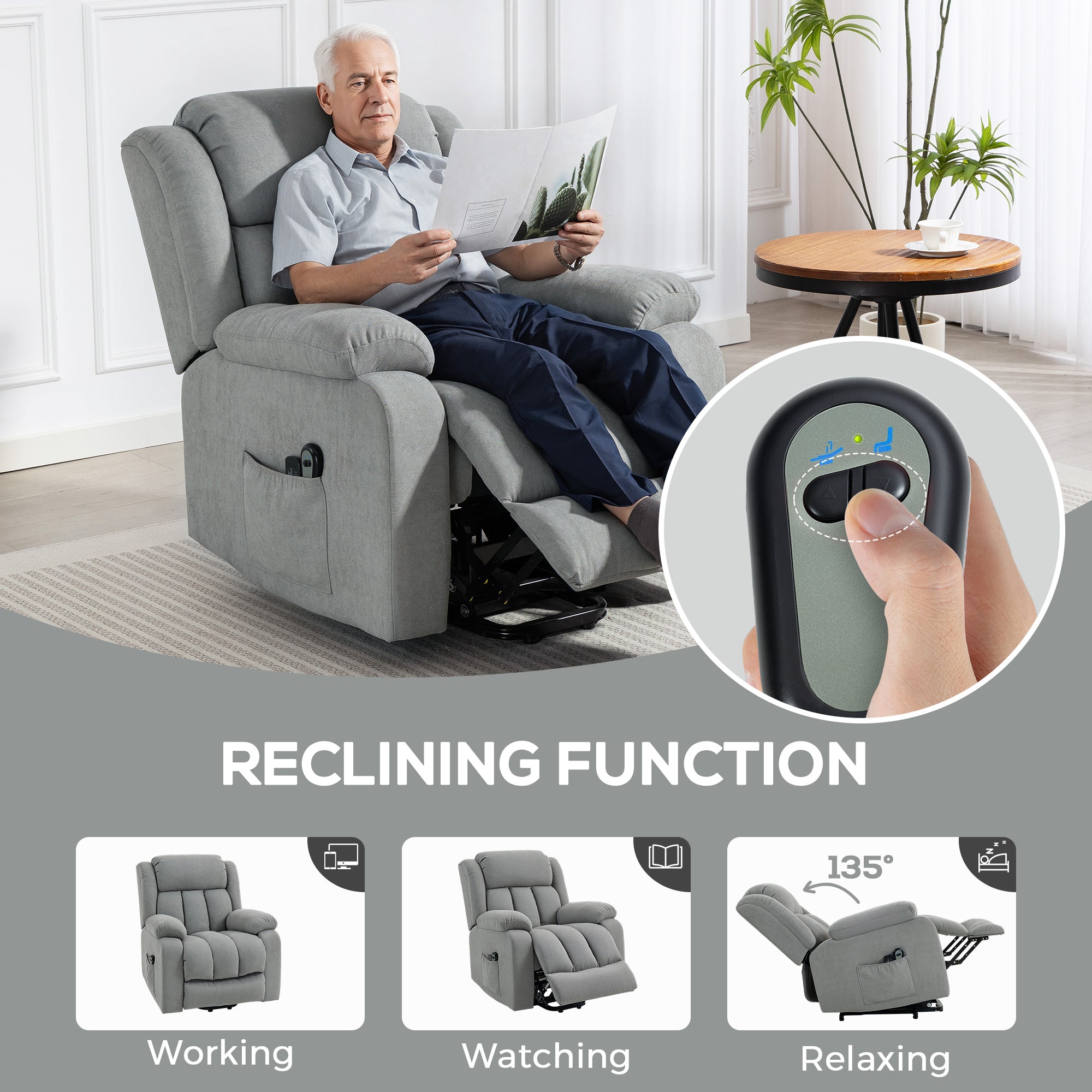 Power Lift Recliner Chair with Massage, Linen Overstuffed Lift Chair for Elderly, Electric Recliner Armchair with Footrest, Remote Control and Side Pocket, for Living Room, Light Grey