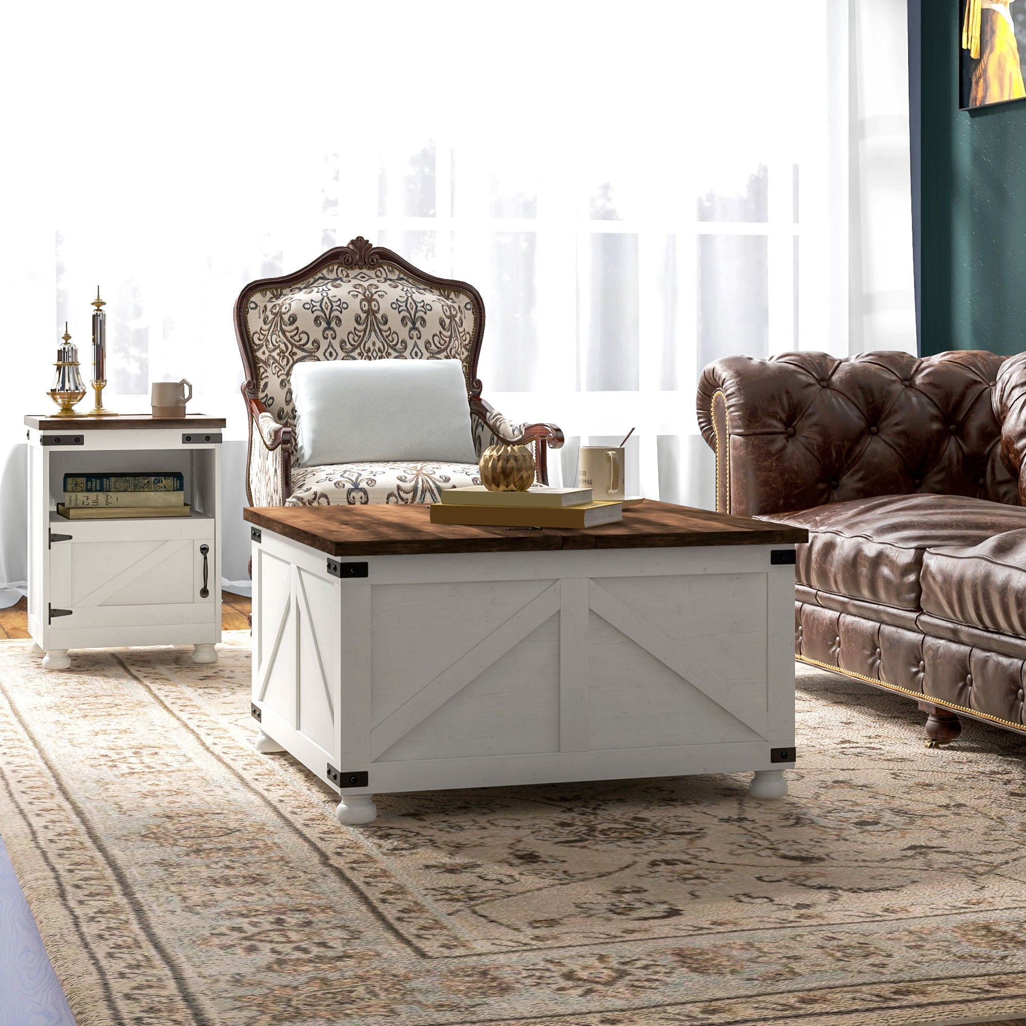 HOMCOM Lift Top Coffee Table with Flip-top Lids, 32" Farmhouse Center Table with 2 Hidden Compartments for Living Room, White