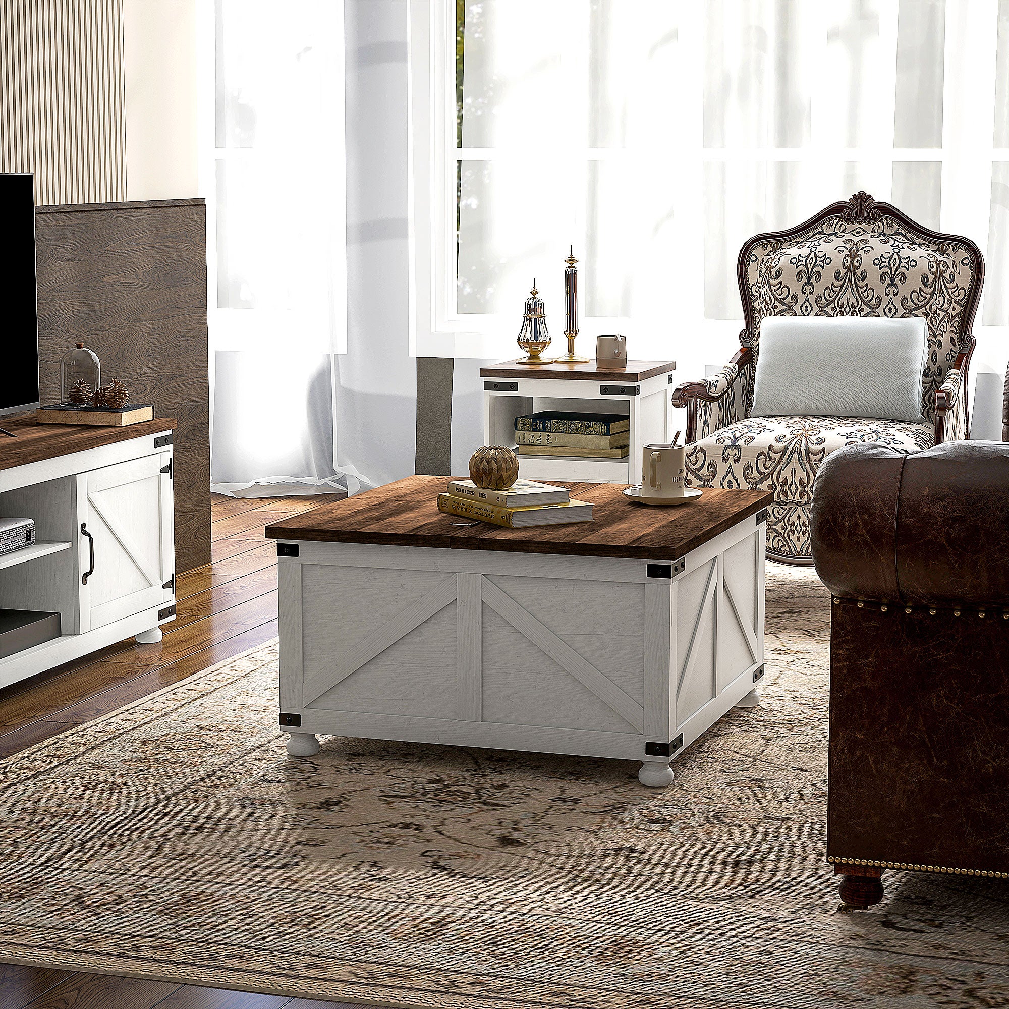 HOMCOM Lift Top Coffee Table with Flip-top Lids, 32" Farmhouse Center Table with 2 Hidden Compartments for Living Room, White