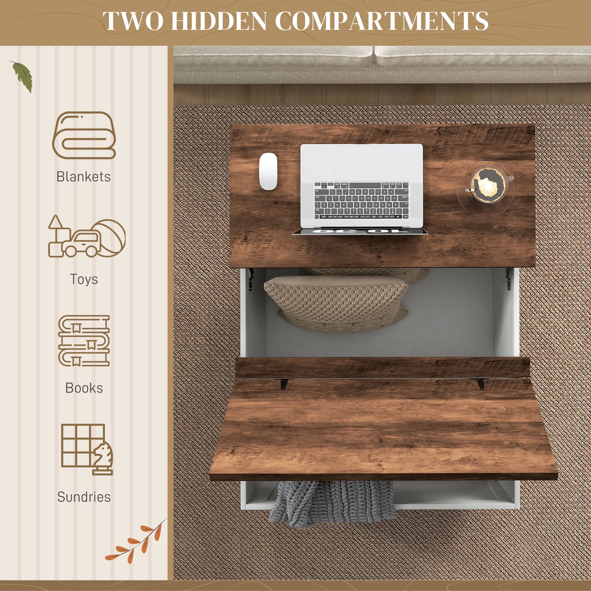 HOMCOM Lift Top Coffee Table with Flip-top Lids, 32" Farmhouse Center Table with 2 Hidden Compartments for Living Room, White