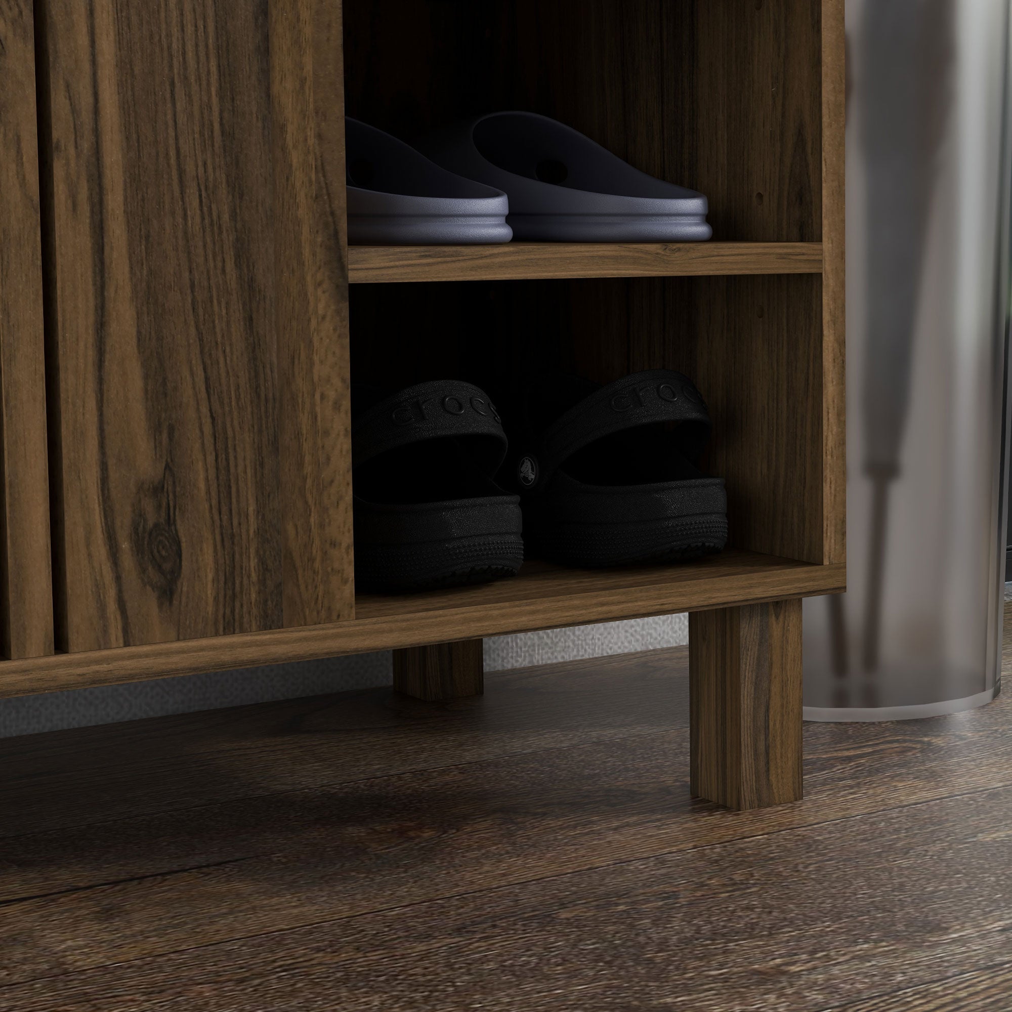 HOMCOM Rustic Shoe Cabinet with 5-tier Double Door Cupboard and 5-tier Open Shelves, 17 Pair Shoe Storage Cabinet with Adjustable Shelves for Entryway, Hallway, Walnut