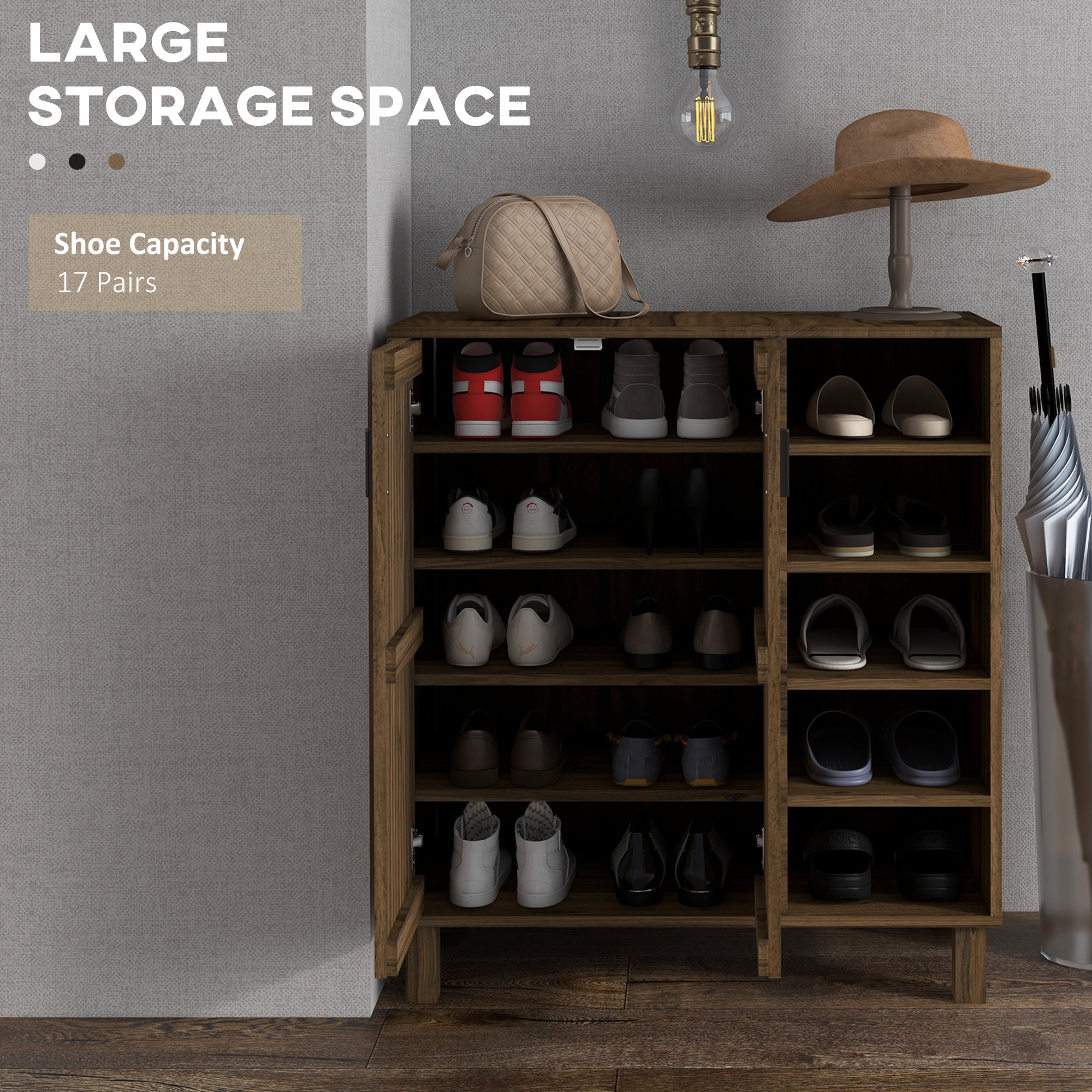 HOMCOM Rustic Shoe Cabinet with 5-tier Double Door Cupboard and 5-tier Open Shelves, 17 Pair Shoe Storage Cabinet with Adjustable Shelves for Entryway, Hallway, Walnut