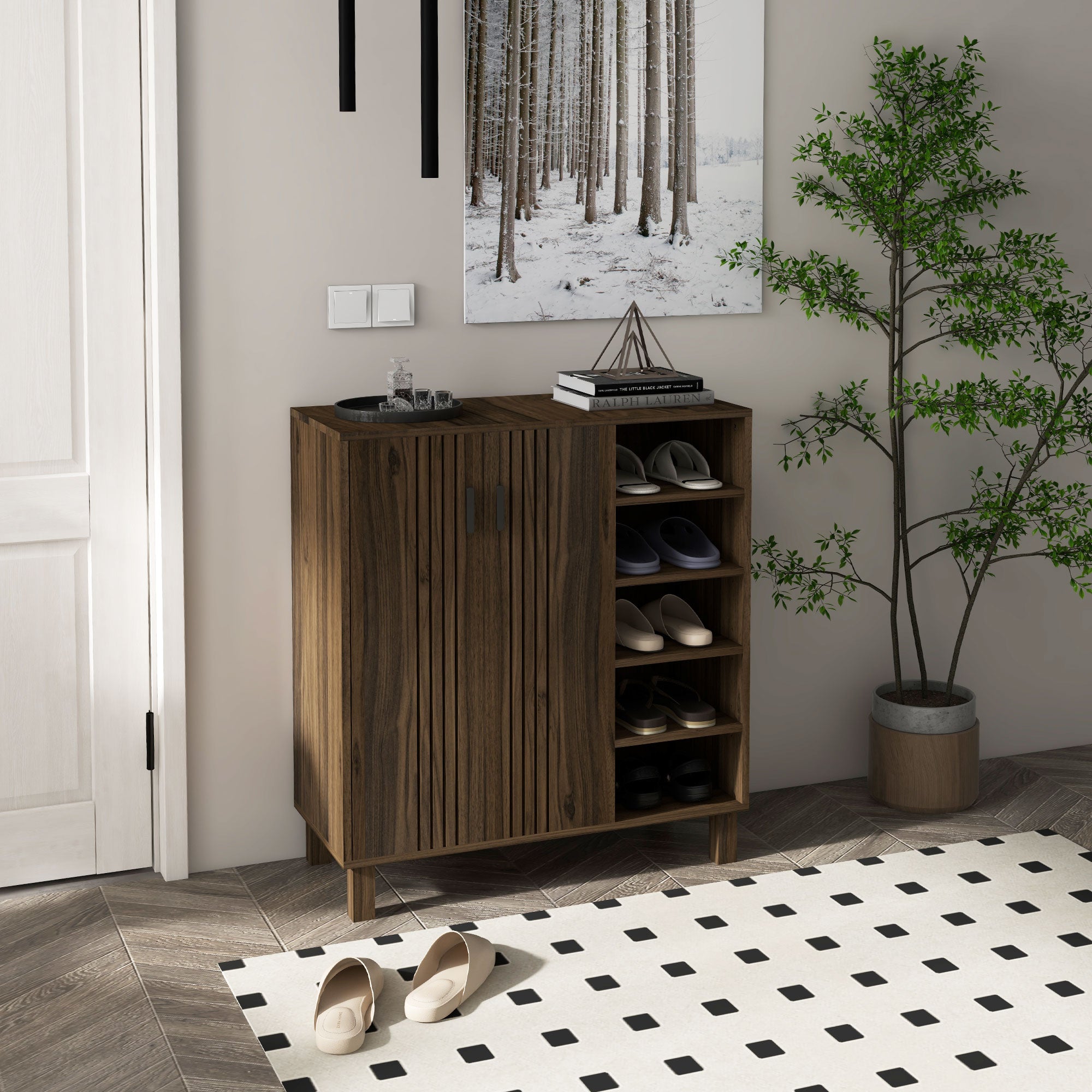 HOMCOM Rustic Shoe Cabinet with 5-tier Double Door Cupboard and 5-tier Open Shelves, 17 Pair Shoe Storage Cabinet with Adjustable Shelves for Entryway, Hallway, Walnut