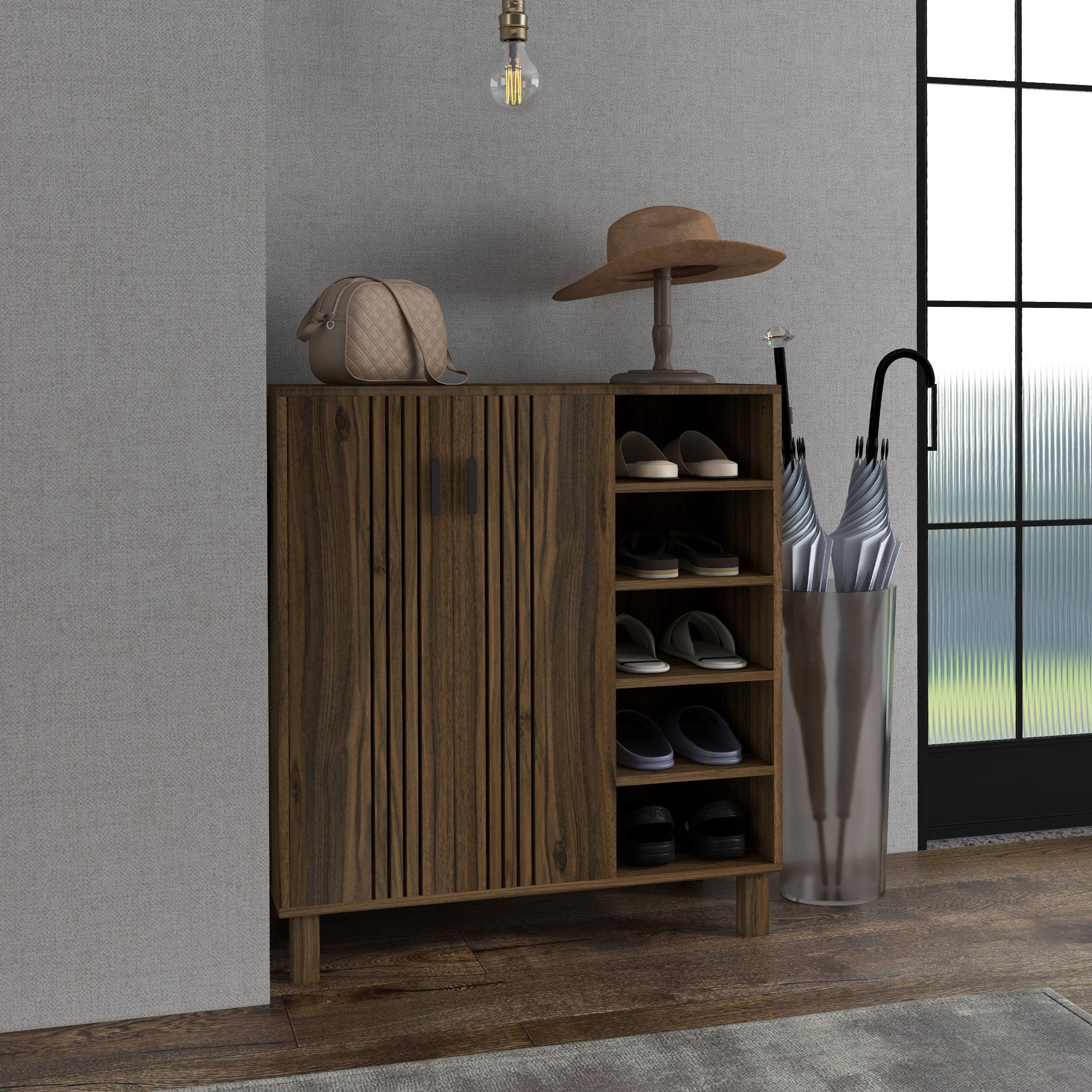 HOMCOM Rustic Shoe Cabinet with 5-tier Double Door Cupboard and 5-tier Open Shelves, 17 Pair Shoe Storage Cabinet with Adjustable Shelves for Entryway, Hallway, Walnut