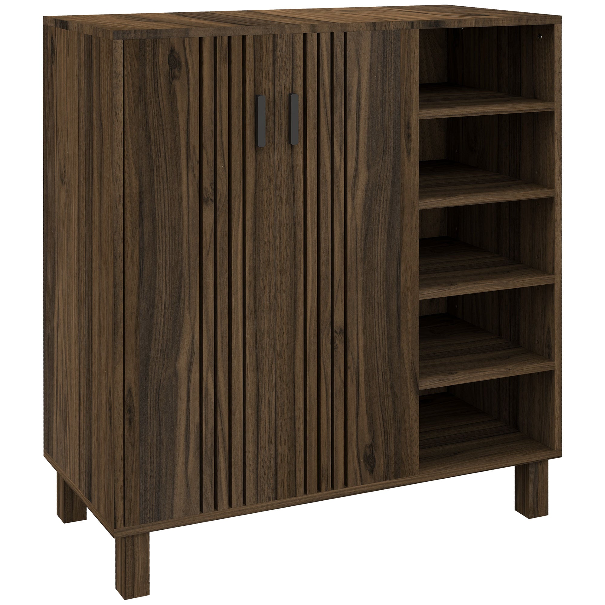 HOMCOM Rustic Shoe Cabinet with 5-tier Double Door Cupboard and 5-tier Open Shelves, 17 Pair Shoe Storage Cabinet with Adjustable Shelves for Entryway, Hallway, Walnut
