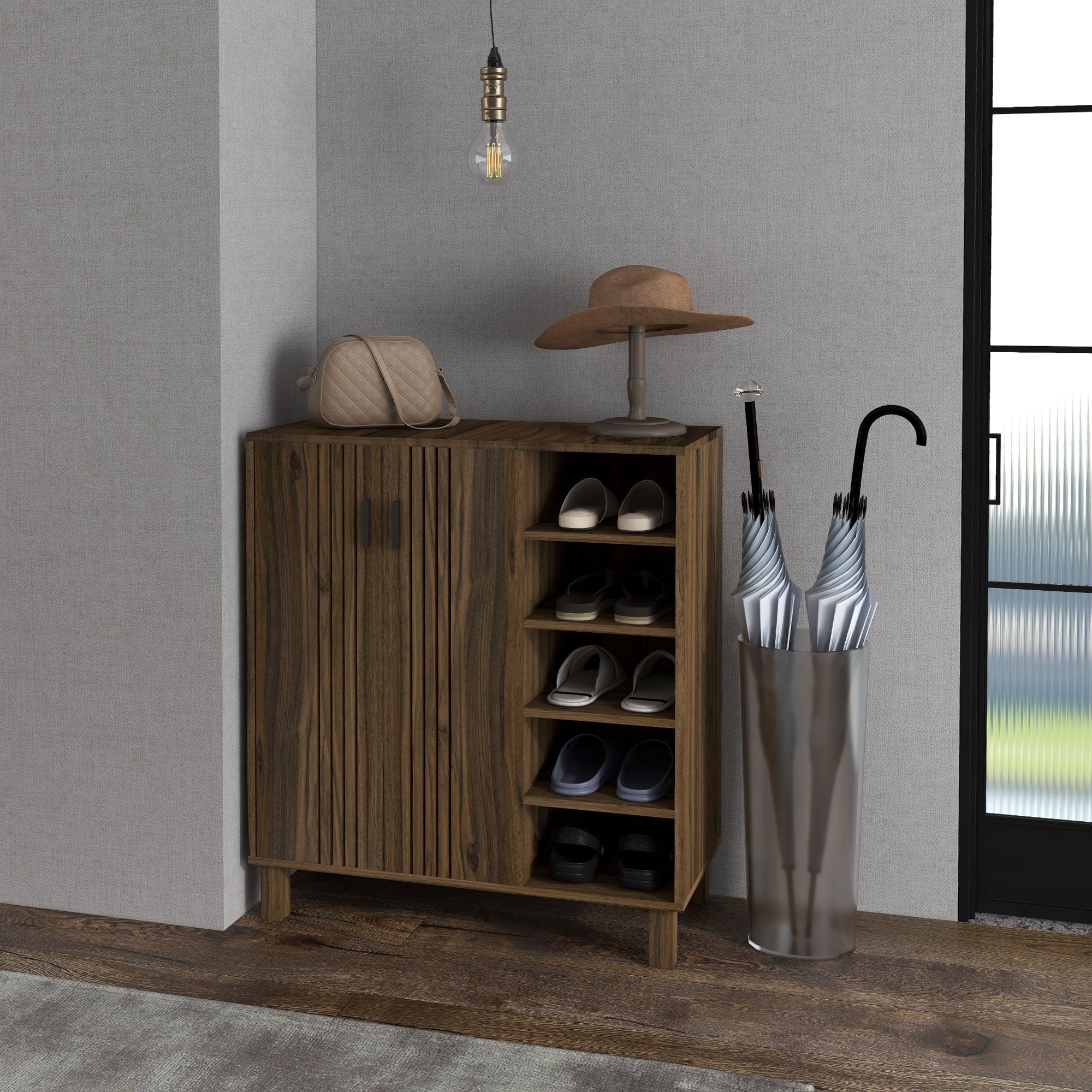 HOMCOM Rustic Shoe Cabinet with 5-tier Double Door Cupboard and 5-tier Open Shelves, 17 Pair Shoe Storage Cabinet with Adjustable Shelves for Entryway, Hallway, Walnut