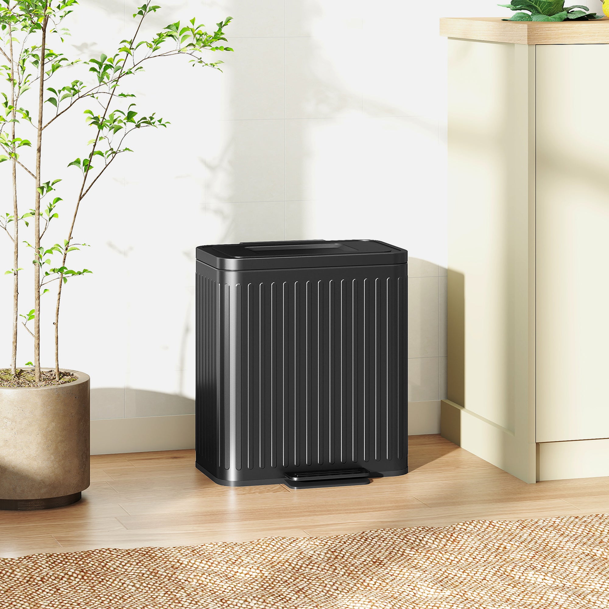 Trash Can, 2 x 5.3 Gallon (2 x 20 L) Garbage Can with Soft-Close Lid, Foot Pedal, Removable Inner Buckets, Fingerprint-Proof, Garbage Bin for Kitchen Home Office, Black
