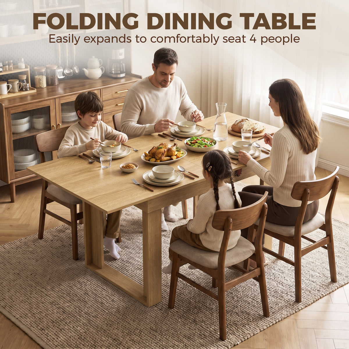 Folding Dining Table for 4 with Under-Table Storage, 70-140 cm Modern Extendable Kitchen Table with Steel Rail, Space-Saving for Kitchen, Dining Room, Oak Effect
