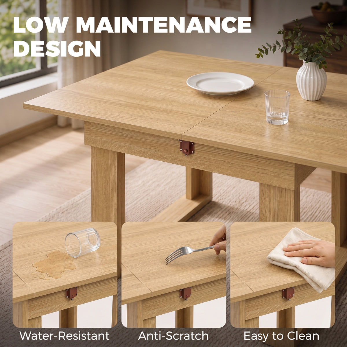 Folding Dining Table for 4 with Under-Table Storage, 70-140 cm Modern Extendable Kitchen Table with Steel Rail, Space-Saving for Kitchen, Dining Room, Oak Effect