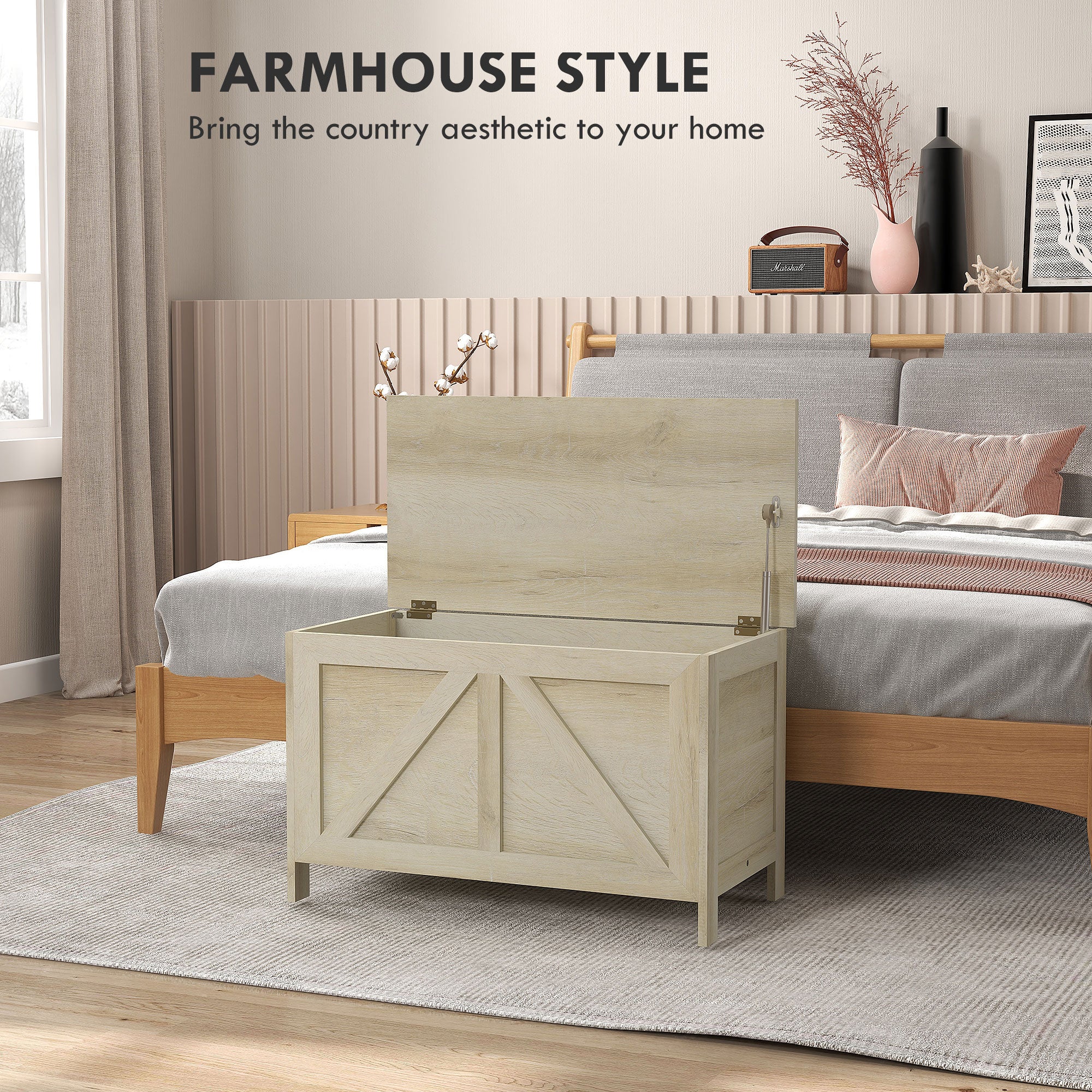 30" Farmhouse Storage Chest, Lift Top Box Organizer w/ Safety Hinge to Open Up 100°, Gray