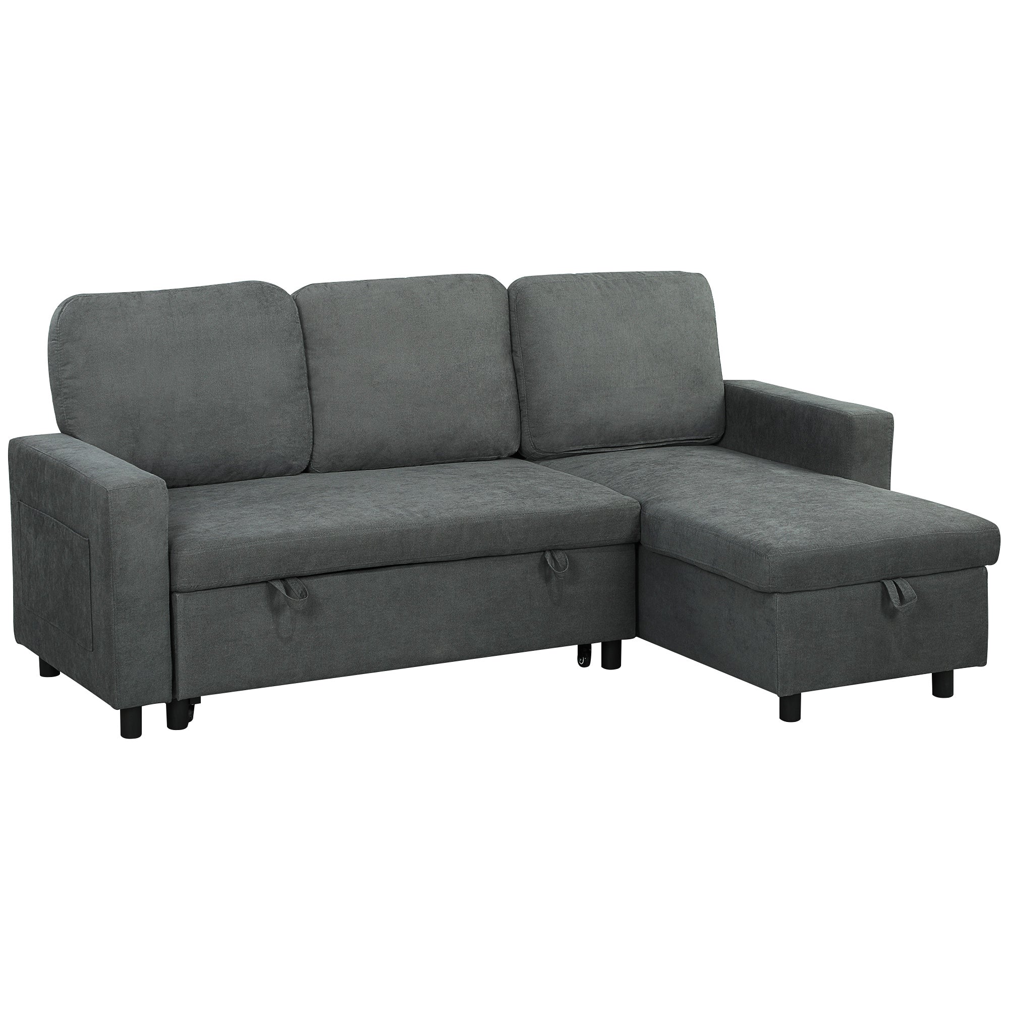 HOMCOM Sofa Bed with Storage, Convertible L Shaped Corner Sofa, 3 Seater Pull Out Sofa Bed with Reversible Chaise, Side Pockets for Living Room, Bedroom, Small Spaces, Charcoal Grey
