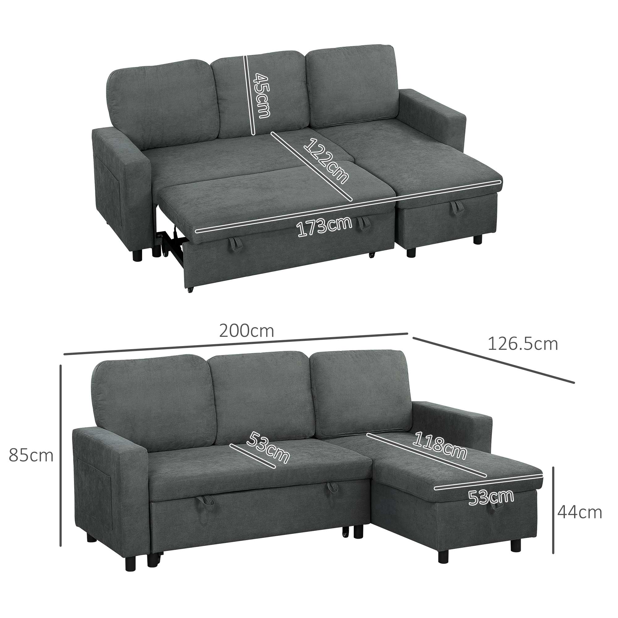 HOMCOM Sofa Bed with Storage, Convertible L Shaped Corner Sofa, 3 Seater Pull Out Sofa Bed with Reversible Chaise, Side Pockets for Living Room, Bedroom, Small Spaces, Charcoal Grey