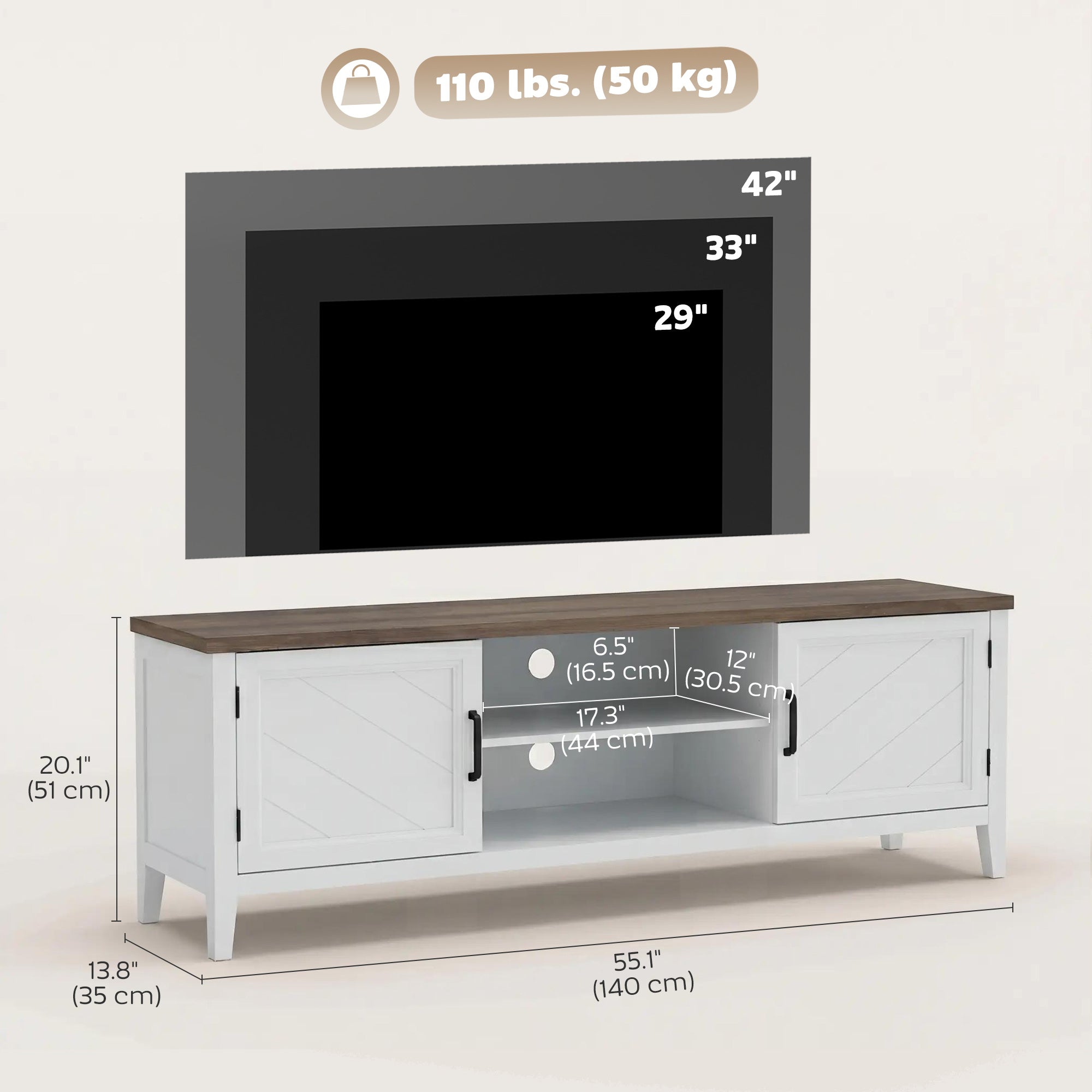TV Stand for TVs up to 42 Inch, Farmhouse Entertainment Center with 2 Open Shelves, 2 Cabinets, Thick Top, Media Console Table for Living Room, White and Brown