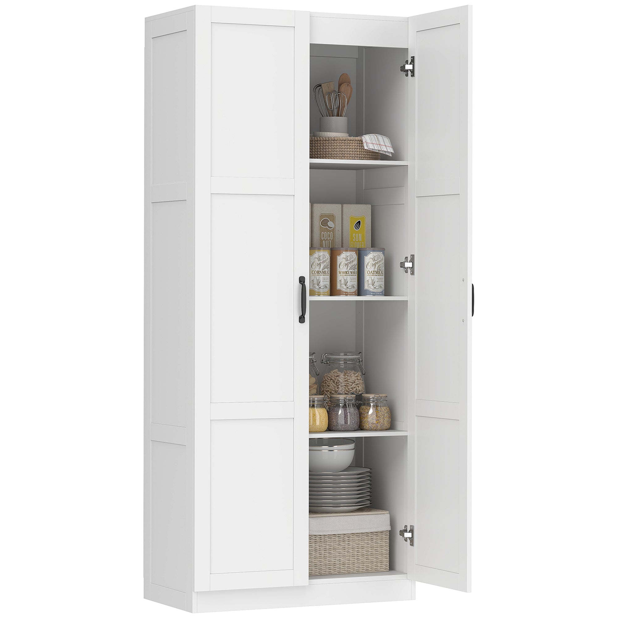 71" Tall Kitchen Pantry Cabinet with Soft-Close Hinges, Modern Farmhouse Freestanding Pantry Storage Cabinet with 2 Framed Doors, 4 Adjustable Shelves, White