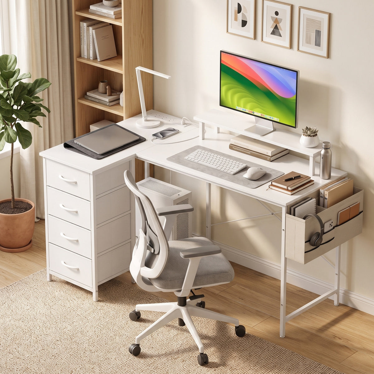 Reversible L Shaped Desk with Drawers, 150 x 80 cm Corner Computer Desk with Power Outlets & USB Ports, Monitor Shelf, Home Office Workstation, PC Stand for Gaming, Study, White