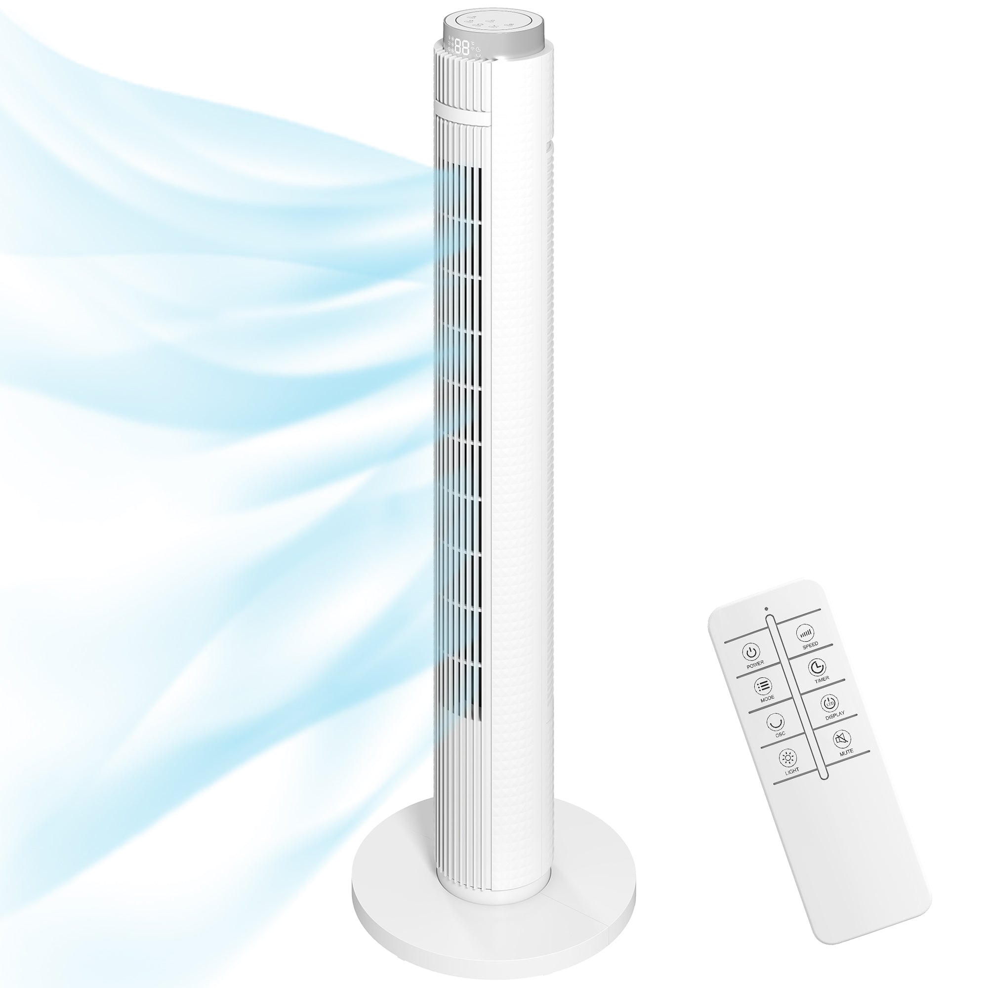 96 cm Tower Fan, Standing Floor Fan with Remote Control, WiFi App Control, 65° Oscillating, 3 Speed 4 Modes, 12 Hour Timer and Night Light for Bedroom Office, White