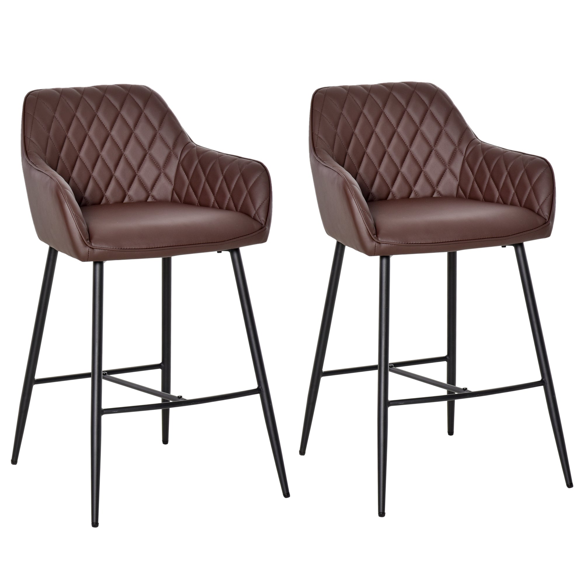 HOMCOM Set of 2 Bar stools Retro PU Leather Bar Chairs w/ Footrest Metal Frame Comfort Support Stylish Dining Seating Home Brown