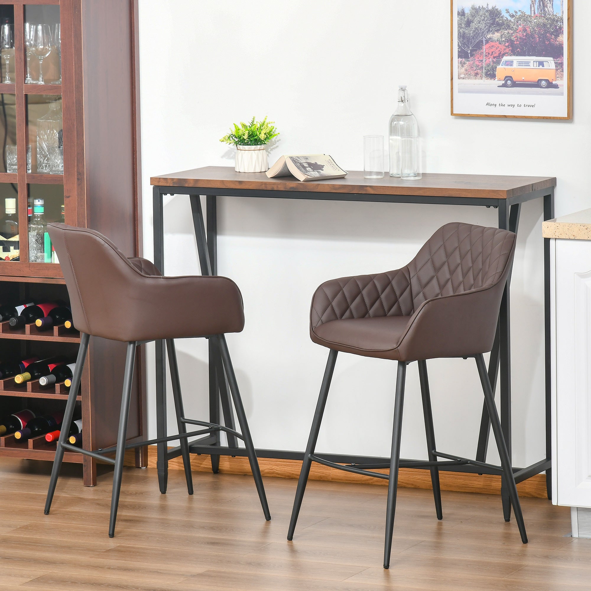 HOMCOM Set of 2 Bar stools Retro PU Leather Bar Chairs w/ Footrest Metal Frame Comfort Support Stylish Dining Seating Home Brown