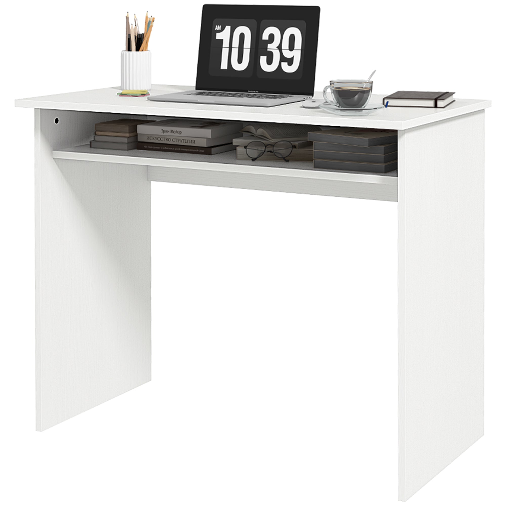 HOMCOM Modern Computer Desk, Home Office Table, Small Writing Desk with Storage Shelf, 90 x 50cm, White Wood Grain