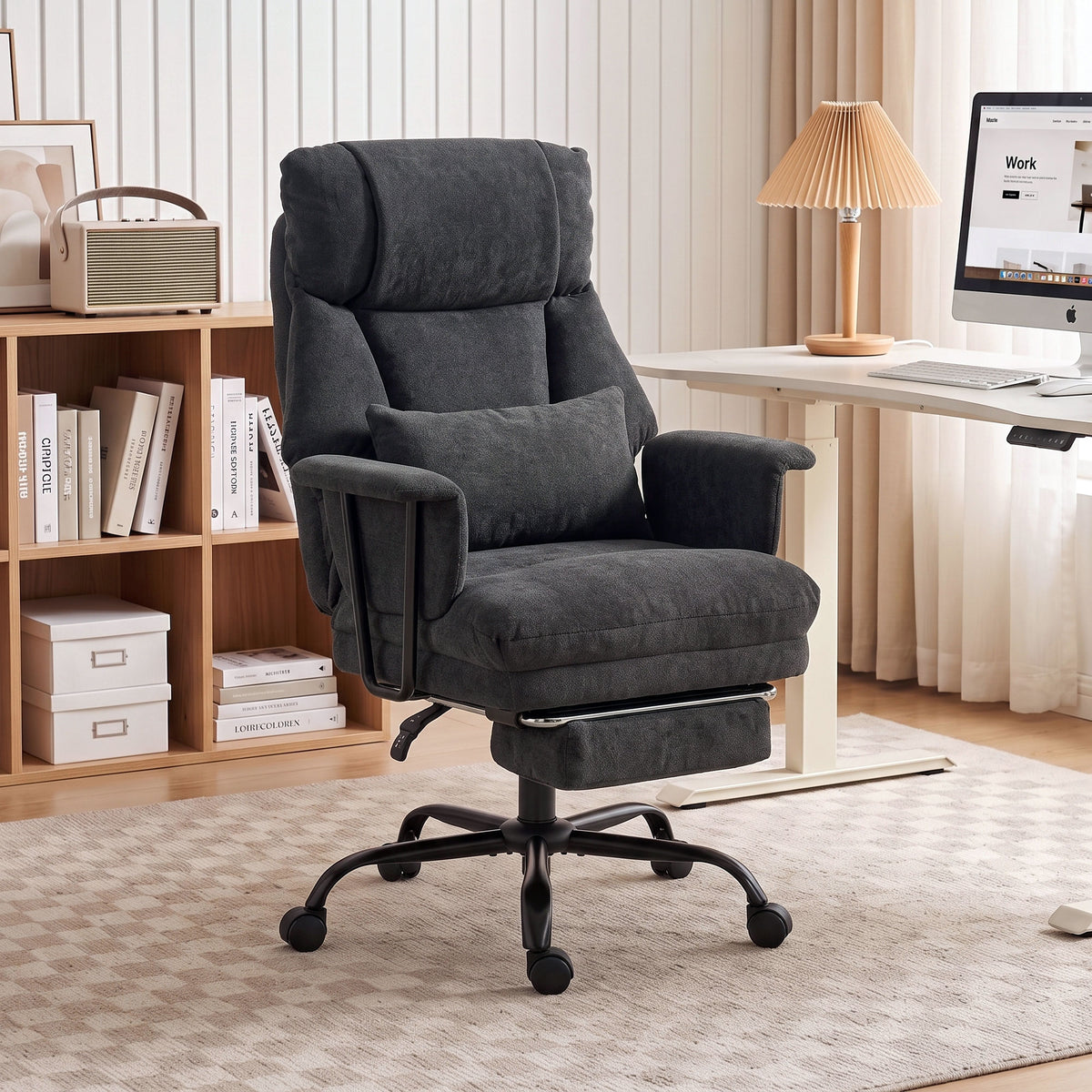 Office Chair, 180kg Heavy Duty Linen Computer Desk Chair with Lumbar Support, Wide Seat, Spring Cushion, Reclining Backrest, Footrest, Swivel Wheels, Black