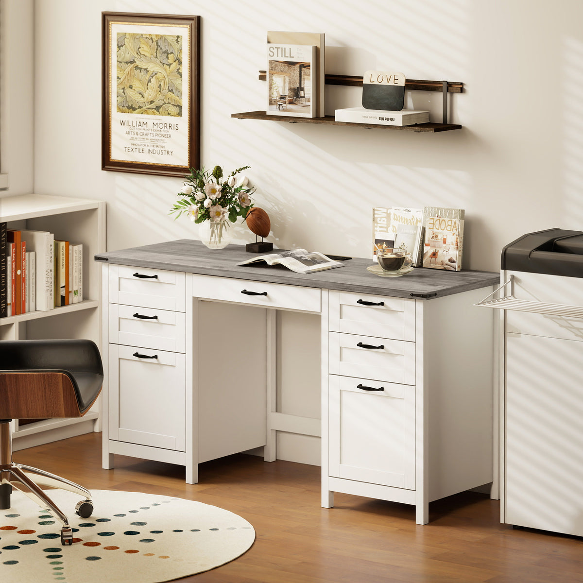 Farmhouse 57" Executive Desk with 7 Drawers, Computer Desk with Power Outlets & USB Charging, Hanging Bar for A4 and Letter, Home Office, Study, Grey Brown and White