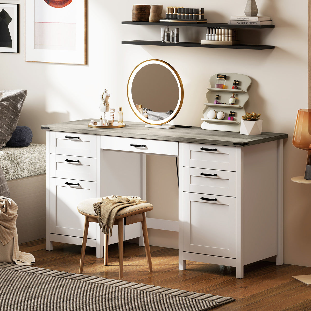 Farmhouse 57" Executive Desk with 7 Drawers, Computer Desk with Power Outlets & USB Charging, Hanging Bar for A4 and Letter, Home Office, Study, Grey Brown and White