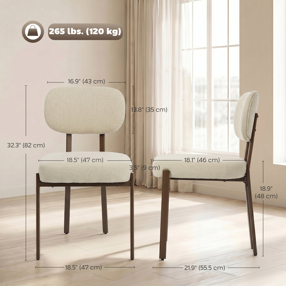 Modern Dining Chairs Set of 2, Upholstered Linen Fabric Kitchen Chairs with Metal Legs and Wide Padded Seat for Kitchen, Living Room, Beige