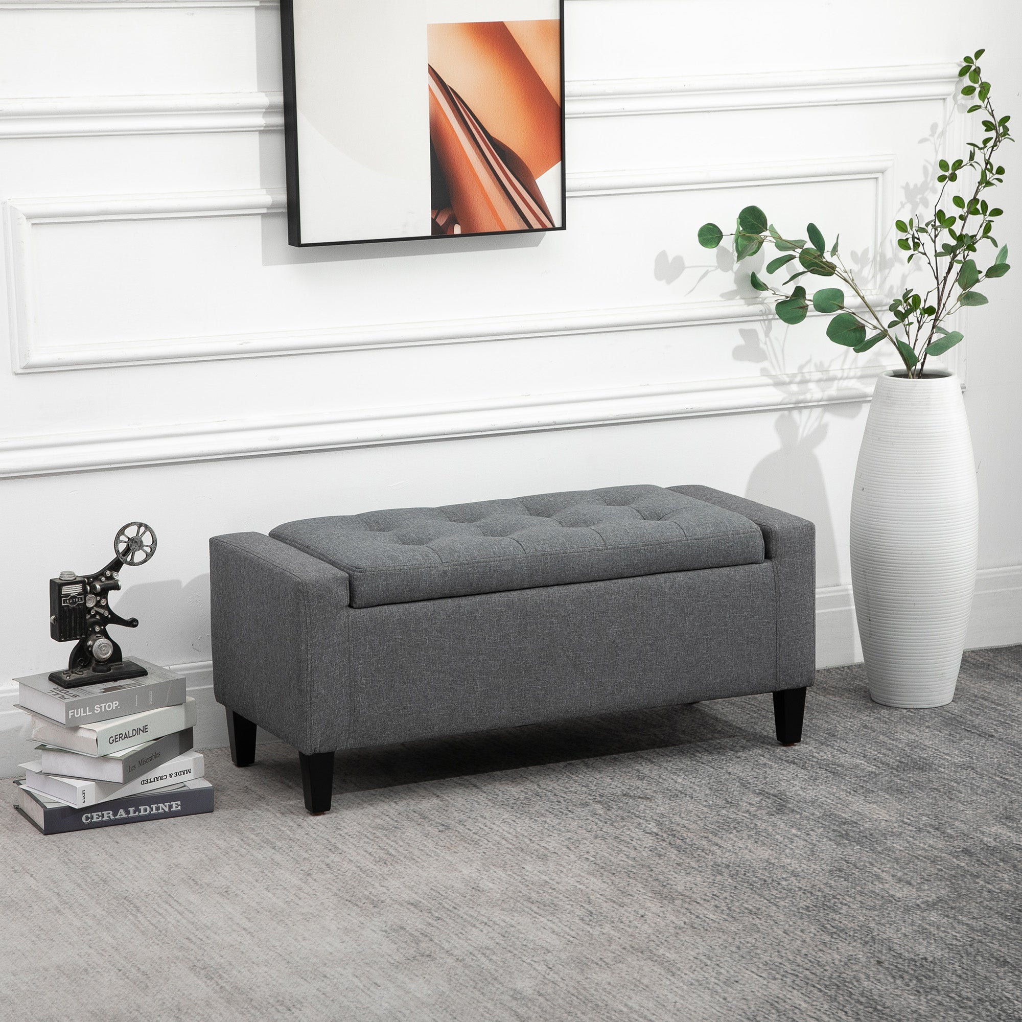 Storage Ottoman, Linen Upholstered Storage Bench with Lift Top and Button Tufted for Living Room, Gray - HOMCOM
