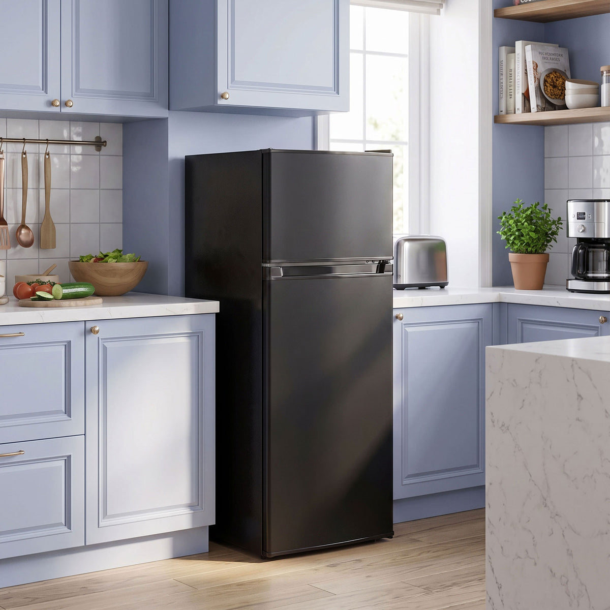 7.7 Cu. Ft. Mini Fridge with Freezer, Double Door Compact Refrigerator with Adjustable Thermostat, Reversible Door, Removable Glass Shelves, Small Refrigerator for Bedroom, Office, Dorm