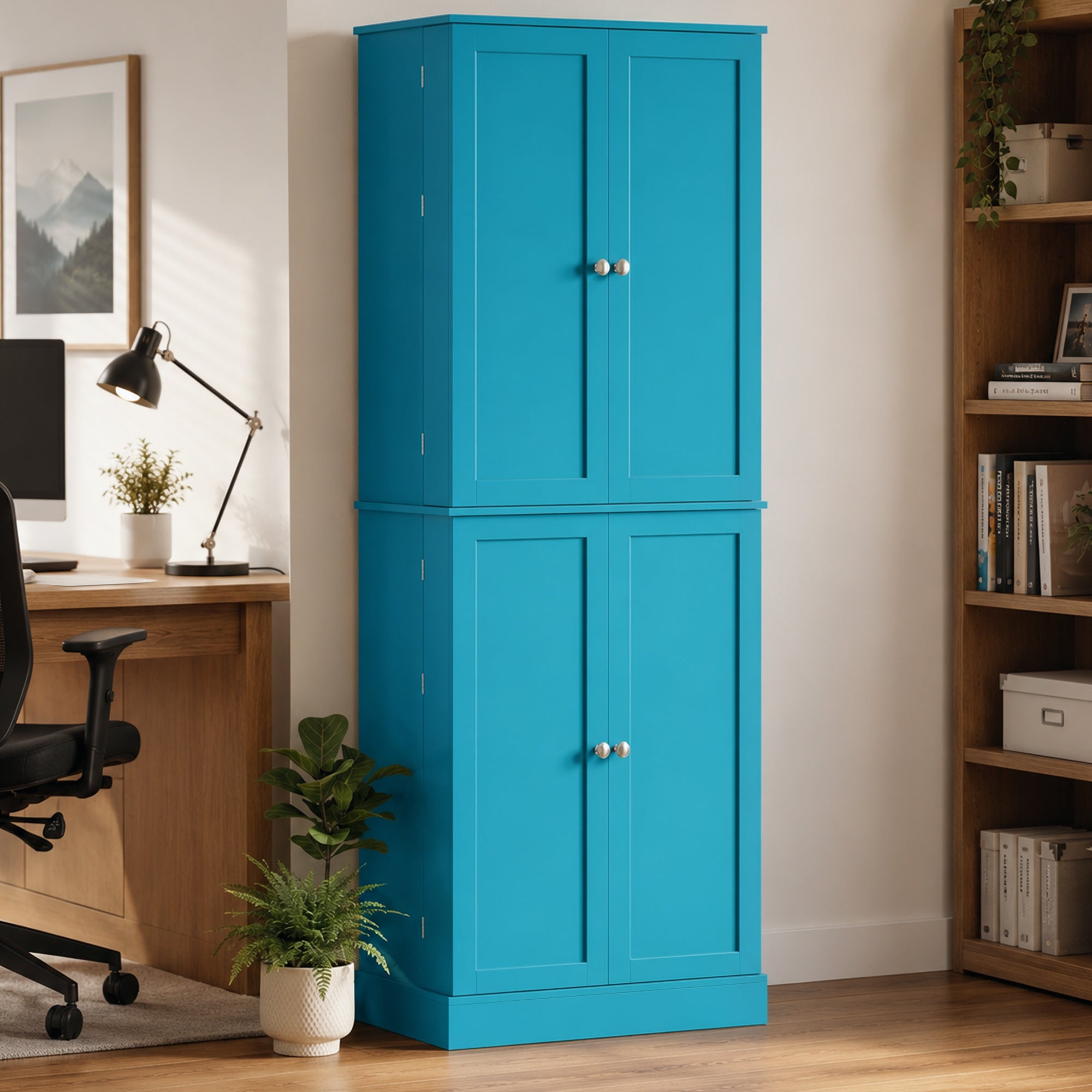 65" Kitchen Pantry Cabinet, Modern Storage Cabinet with Doors and Shelves, Freestanding Cupboard for Dining Room, Blue