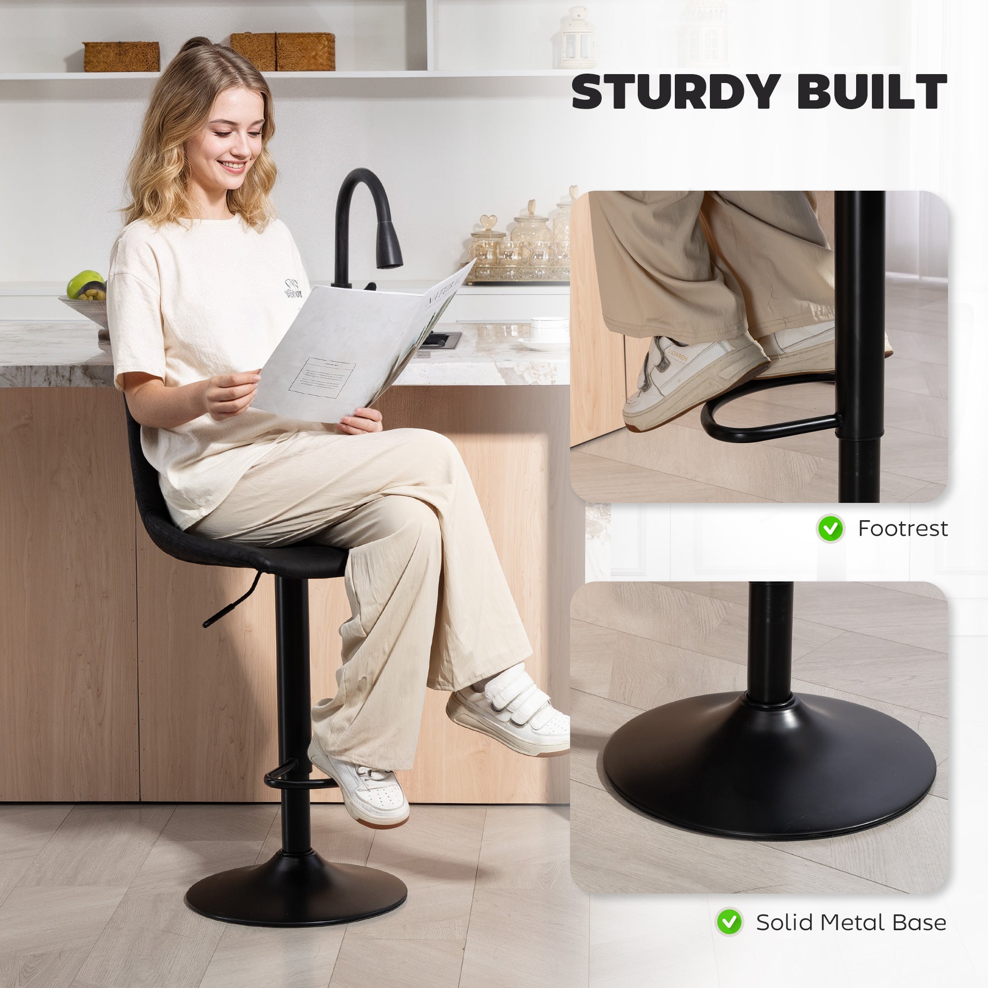 Modern Bar Stools Set of 2, Height Adjustable Swivel Bar Chairs with Backrest, Gas Lift and Footrest, Leathaire Barstools for Breakfast Counter, Kitchen Island, Black