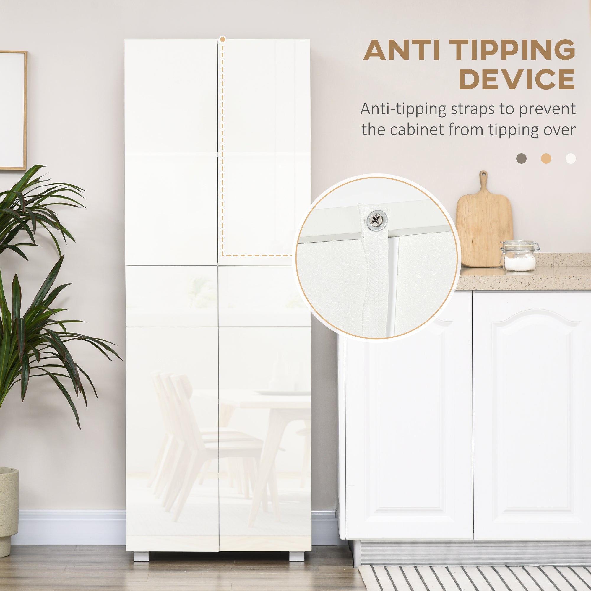 4-Door Kitchen Cupboard, Tall Freestanding 5-Tier Storage Cabinet with 3 Adjustable Shelves, 2 Drawers for Living Room, Dining Room, Push to Open Design, High Gloss White