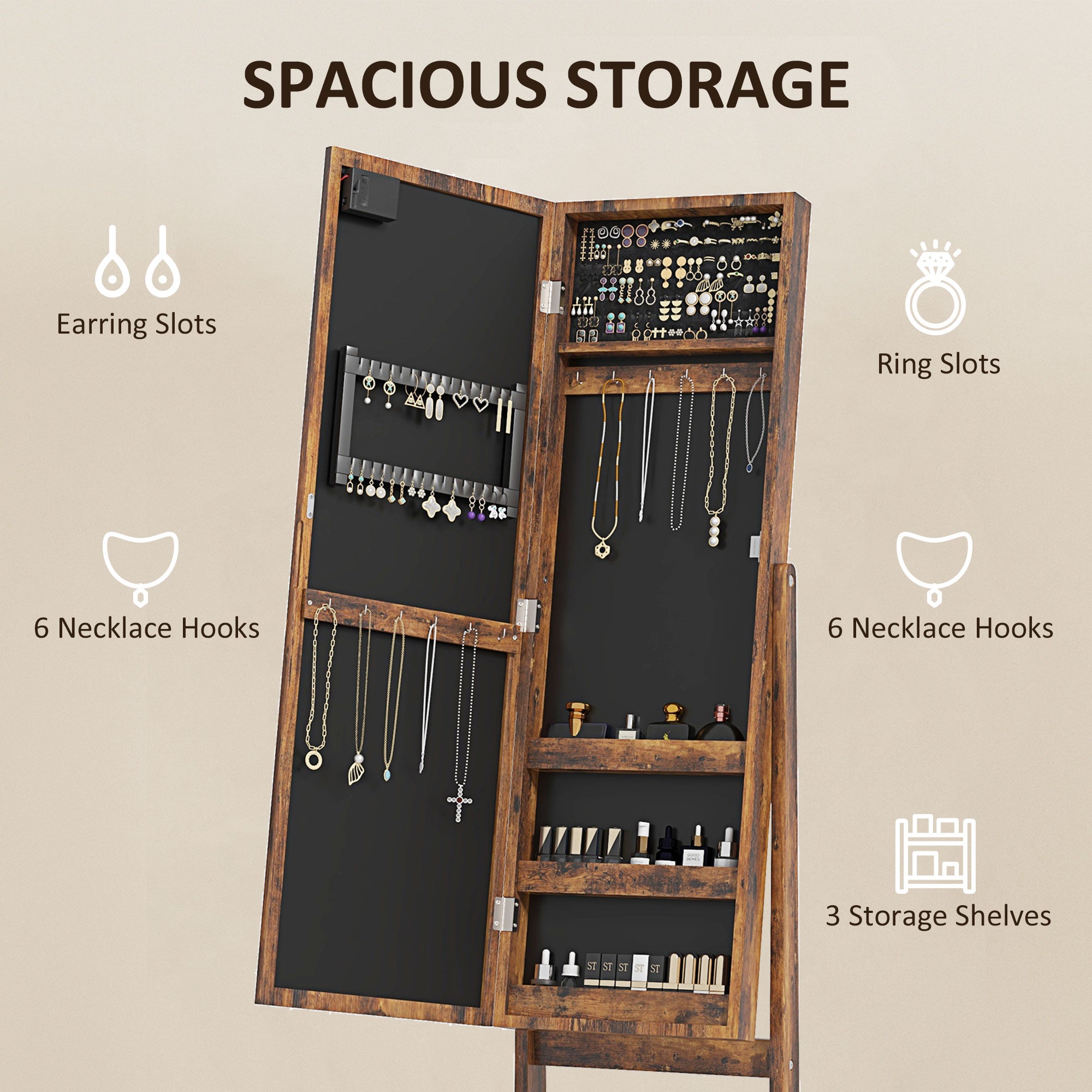 HOMCOM Lighted Mirrored Jewelry Cabinet Floor Free Standing Armoire Organizer Storage Necklaces Bracelets Rings Earrings Angle Adjustable w/16 LED Lights Rustic Brown