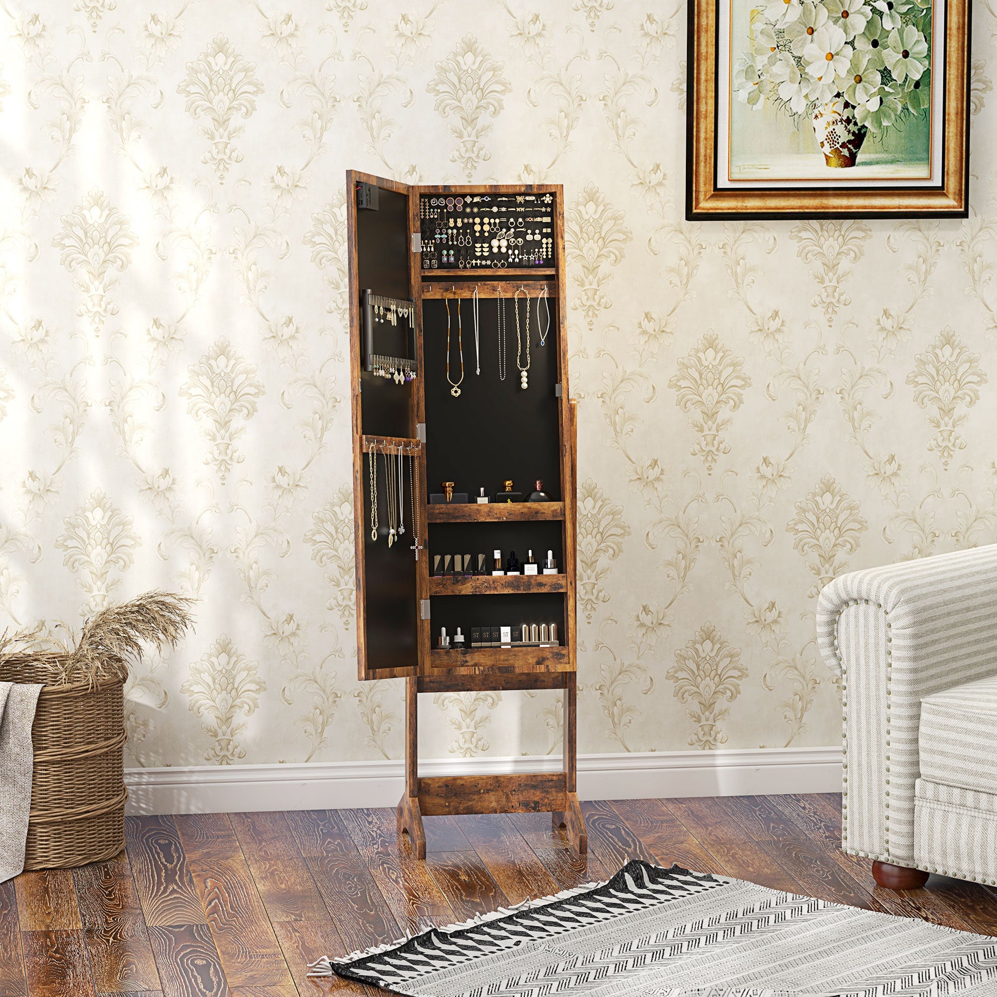 HOMCOM Lighted Mirrored Jewelry Cabinet Floor Free Standing Armoire Organizer Storage Necklaces Bracelets Rings Earrings Angle Adjustable w/16 LED Lights Rustic Brown