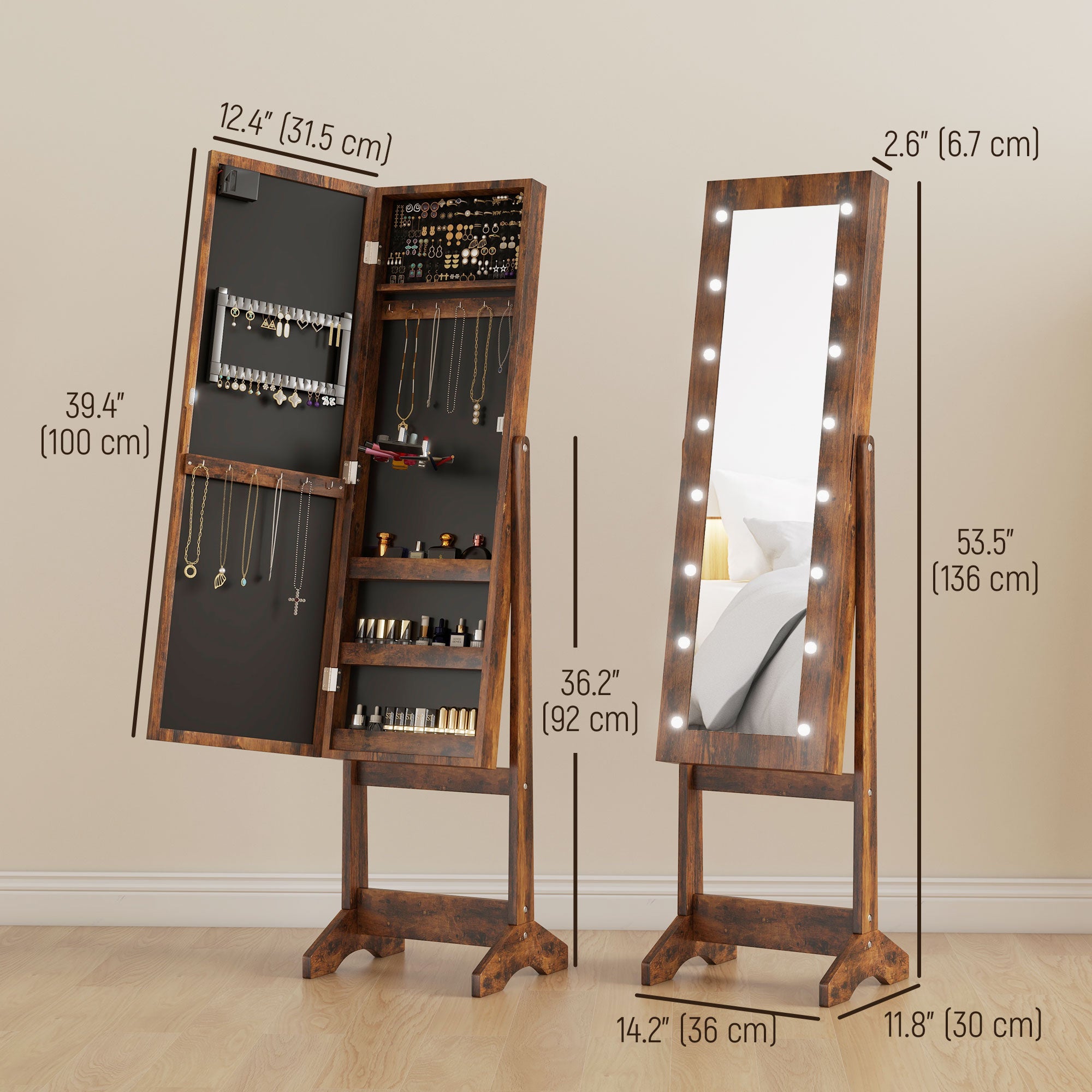 HOMCOM Lighted Mirrored Jewelry Cabinet Floor Free Standing Armoire Organizer Storage Necklaces Bracelets Rings Earrings Angle Adjustable w/16 LED Lights Rustic Brown