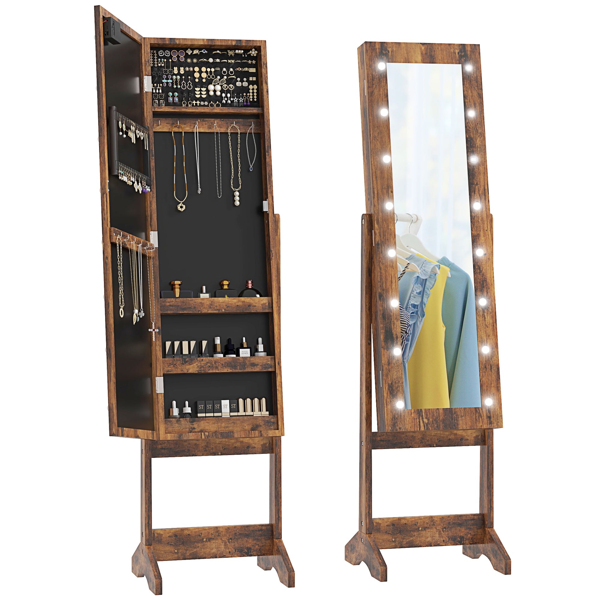 HOMCOM Lighted Mirrored Jewelry Cabinet Floor Free Standing Armoire Organizer Storage Necklaces Bracelets Rings Earrings Angle Adjustable w/16 LED Lights Rustic Brown