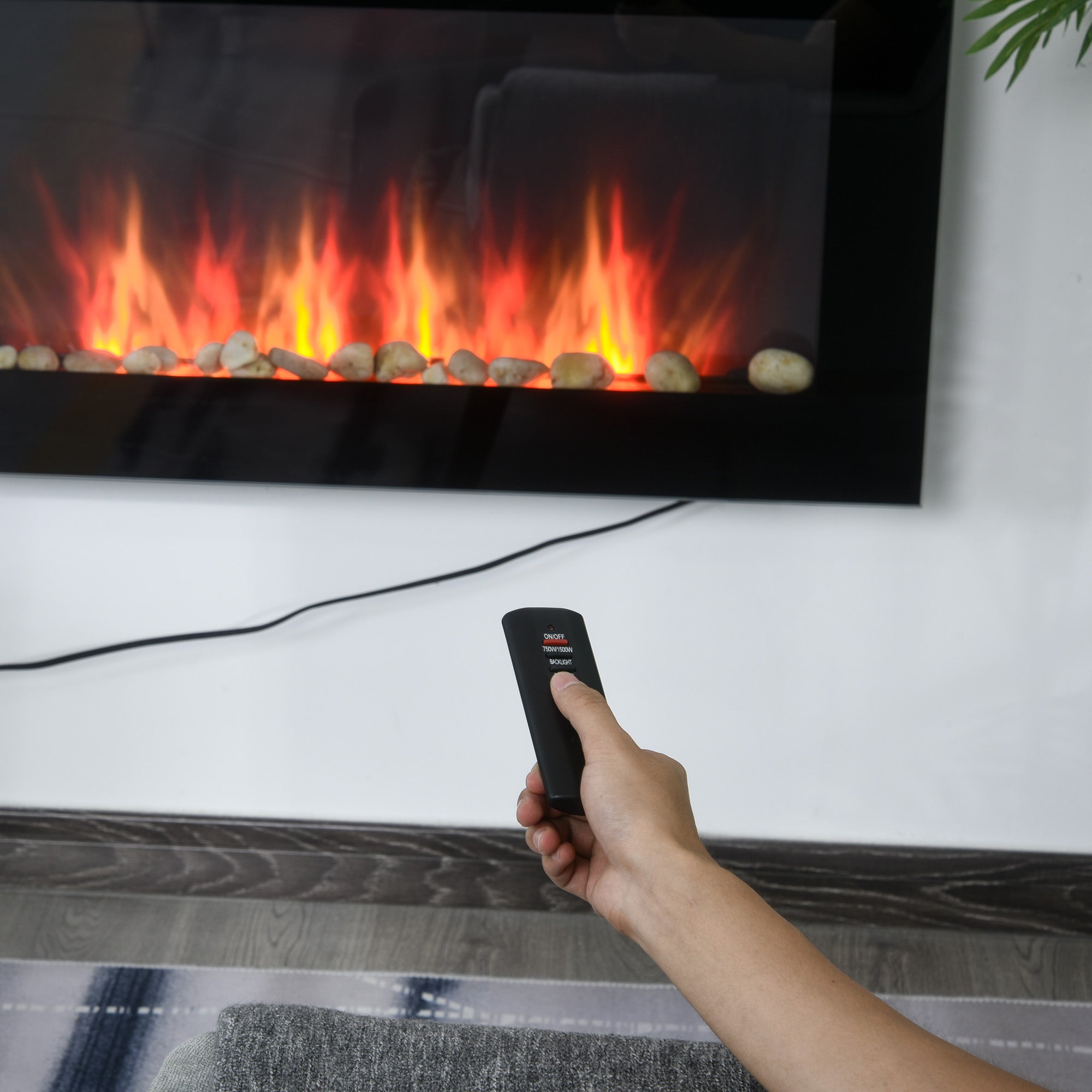 HOMCOM 36" Wall Mounted Electric Fireplace Heater with 7 Color Light, LED Flame Effect and Remote Control, 750W/1500W, Black