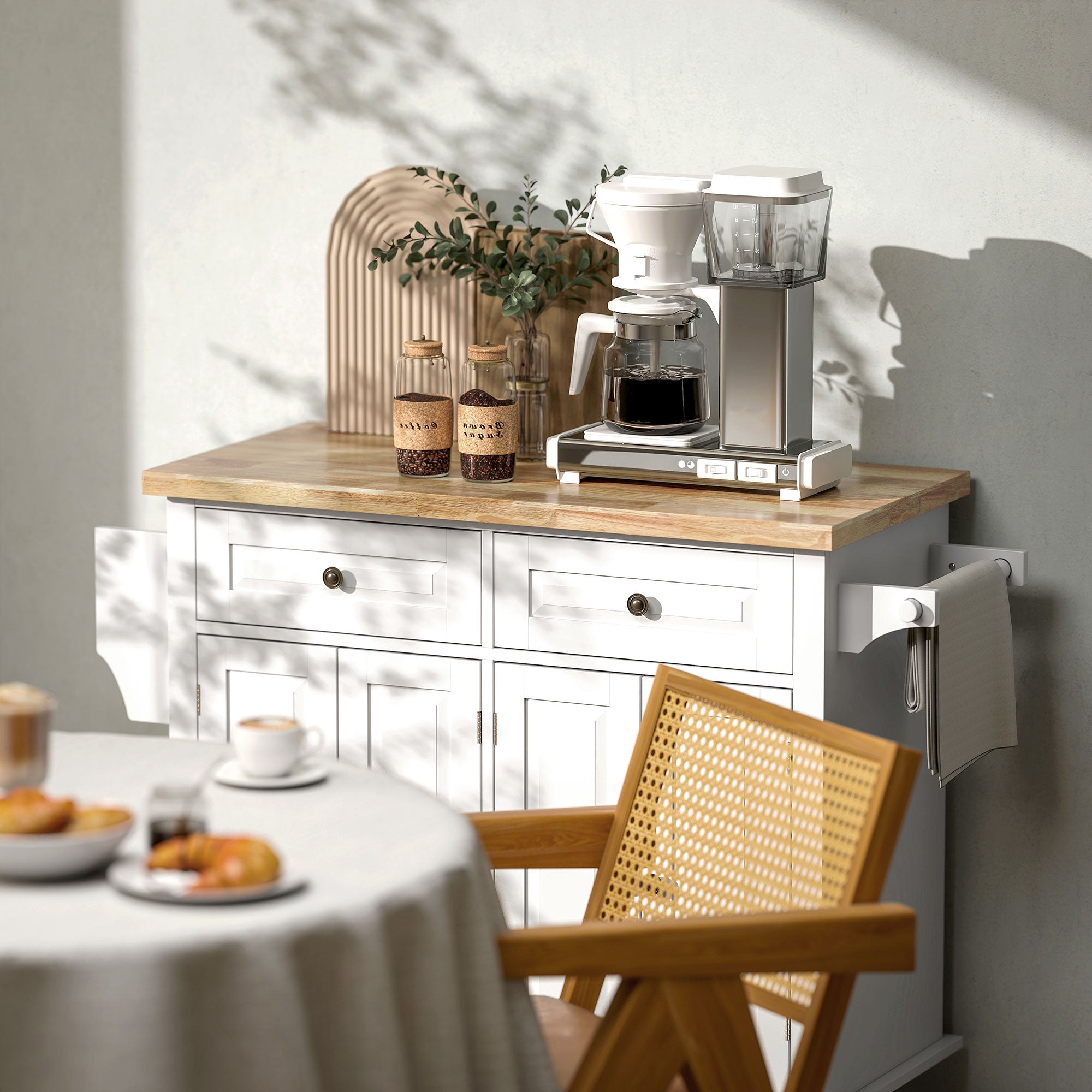 Kitchen Island Cart with Rubber Wood Top, Rolling Kitchen Island Table on Wheels with Drawers, Adjustable Shelves, Spice Rack and Towel Rack for Dining Room, White