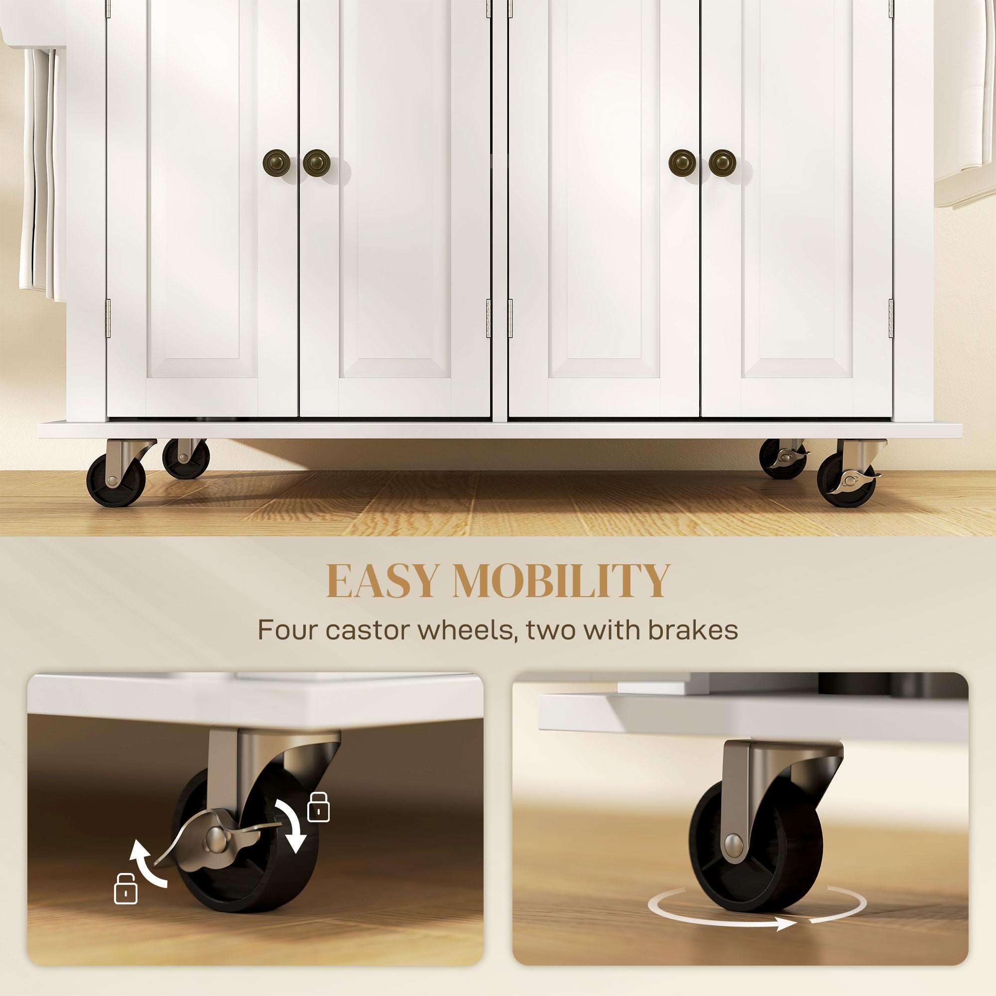 Kitchen Island Cart with Rubber Wood Top, Rolling Kitchen Island Table on Wheels with Drawers, Adjustable Shelves, Spice Rack and Towel Rack for Dining Room, White